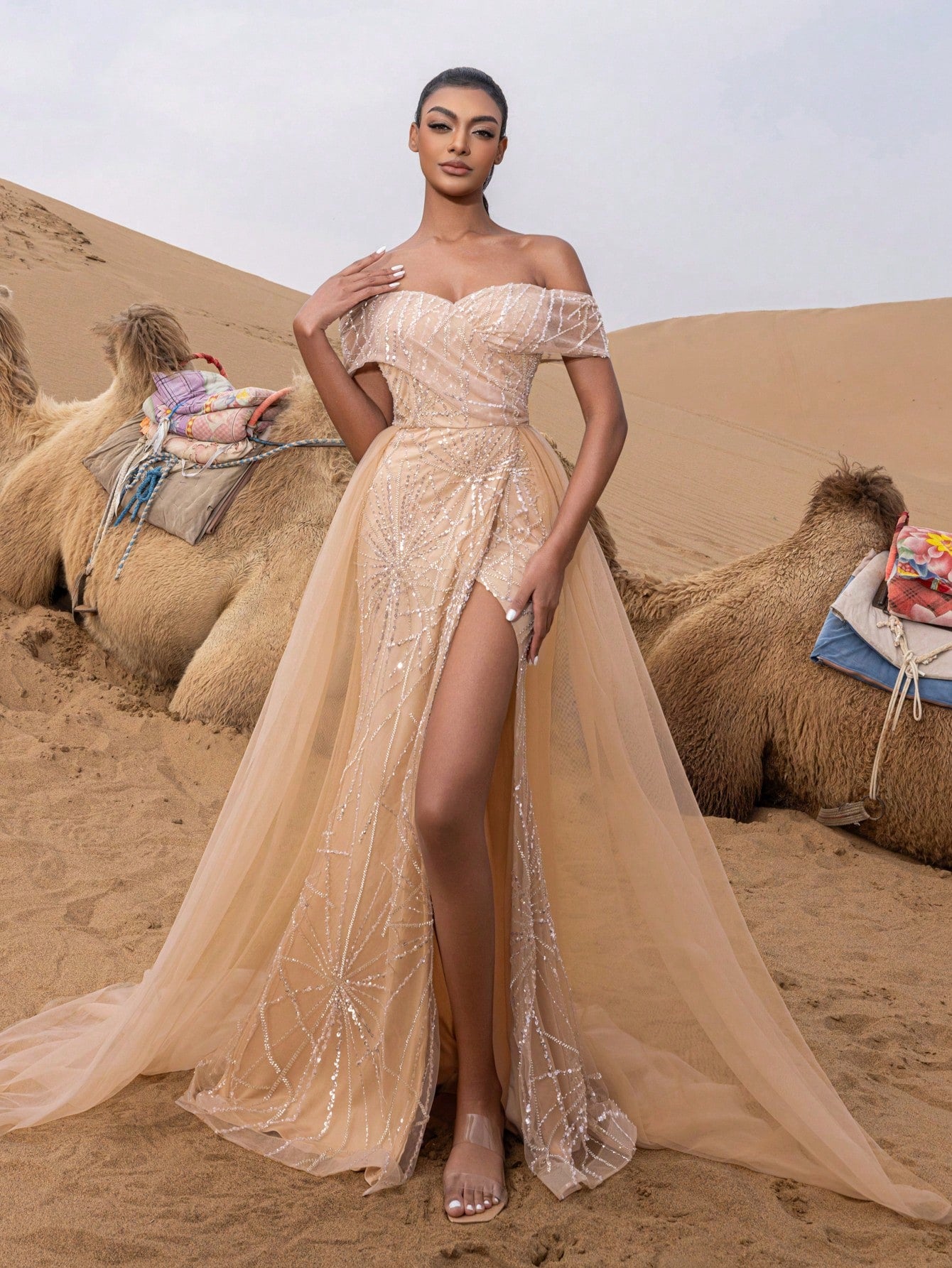 Luxury Off Shoulder Mesh Overlay Split Thigh Beaded Formal Dresses & Evening Gowns