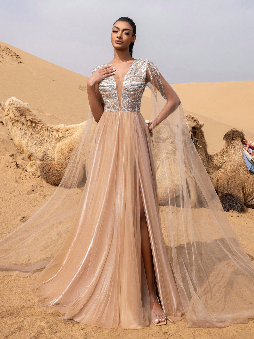 Elegant Beaded Bodice Cloak Sleeves Tulle Formal Prom Dress
