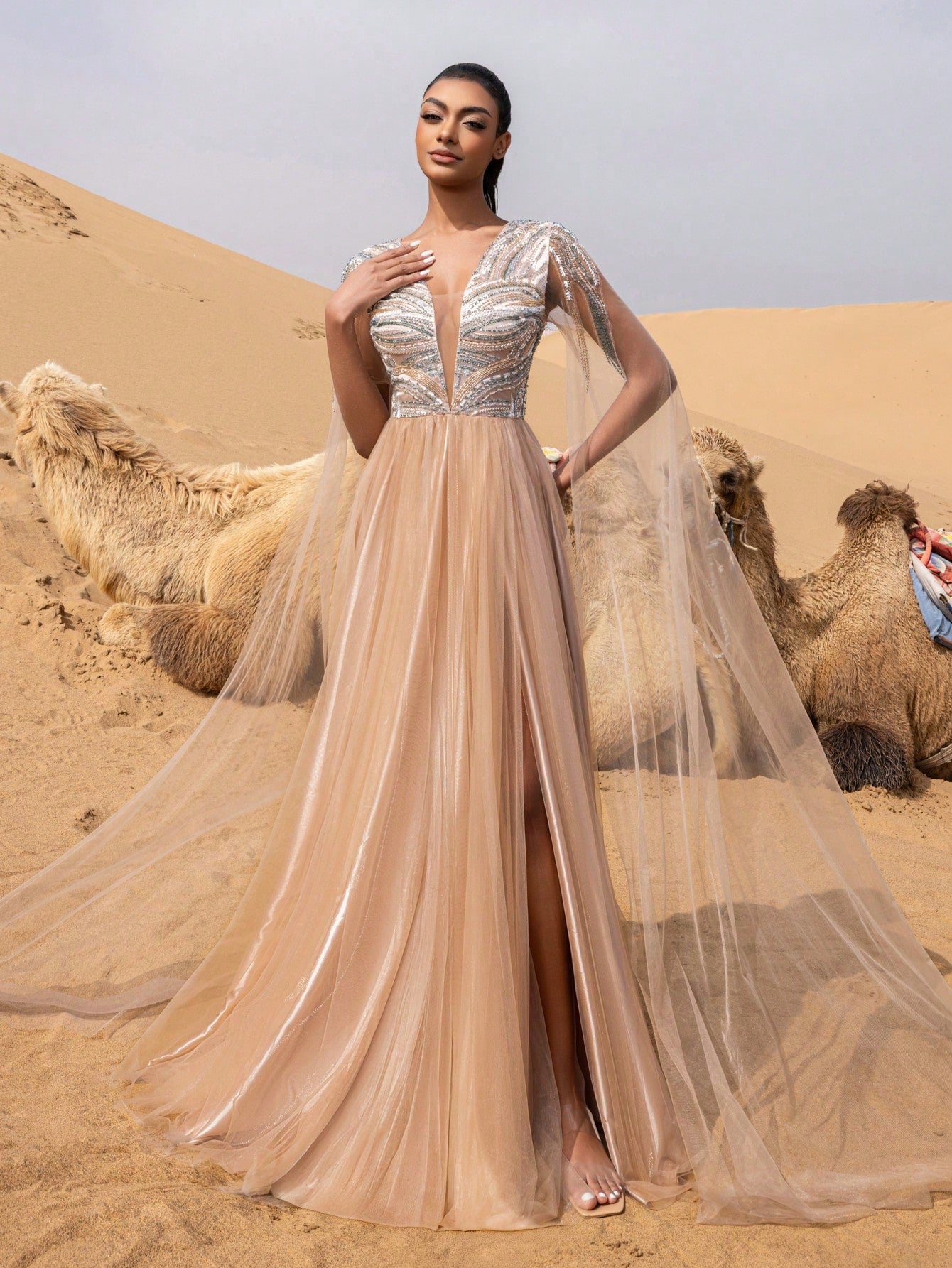 Elegant Beaded Bodice Cloak Sleeves Tulle Formal Prom Dress