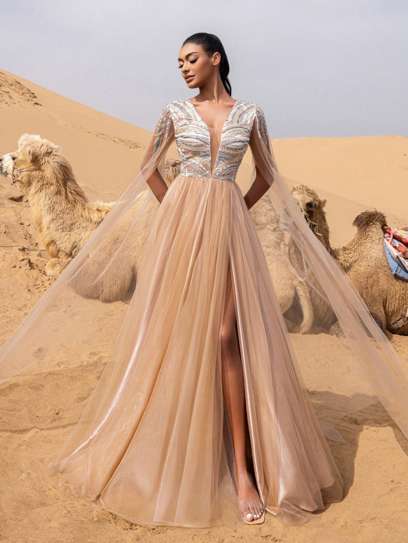 Elegant Beaded Bodice Cloak Sleeves Tulle Formal Prom Dress