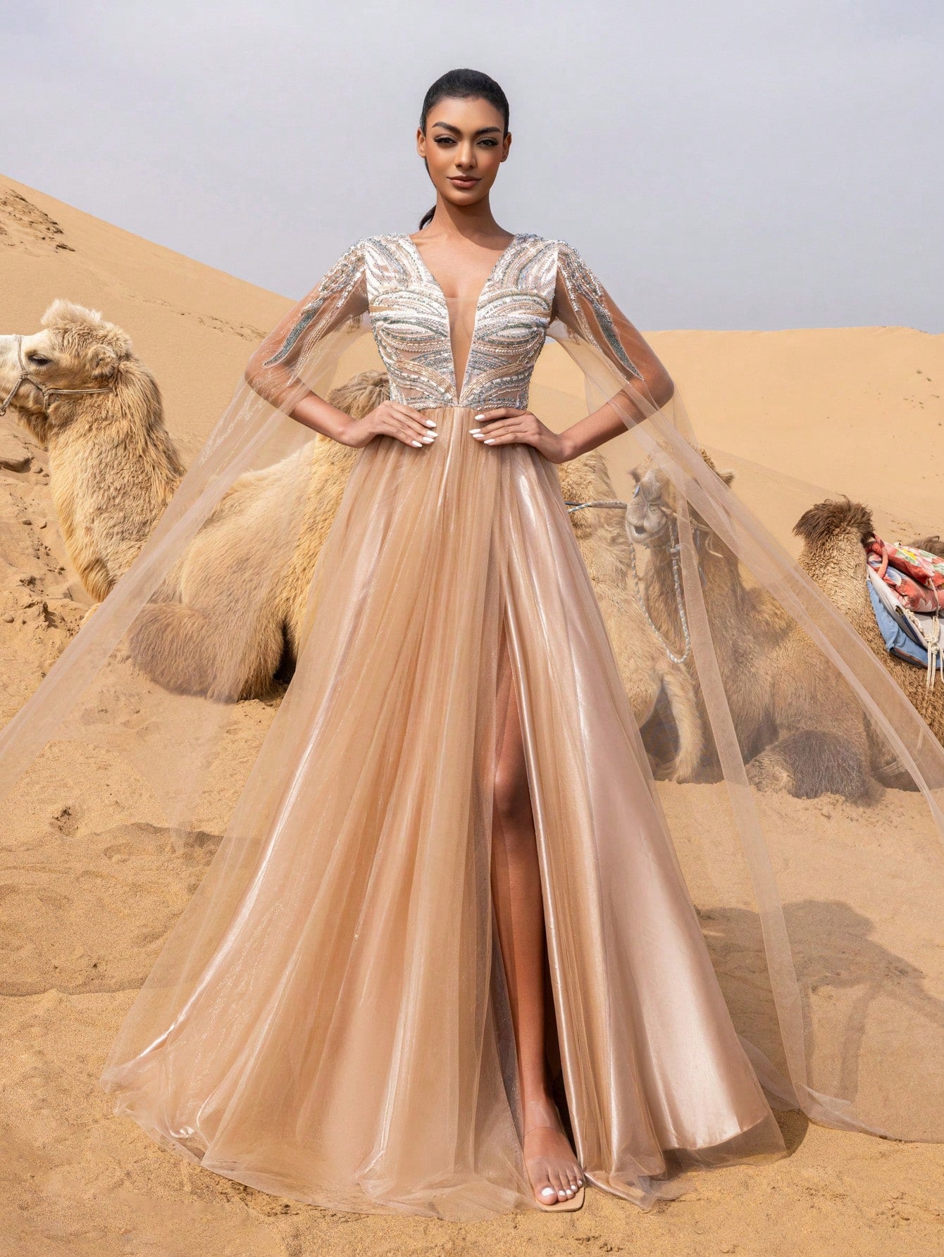 Elegant Beaded Bodice Cloak Sleeves Tulle Formal Prom Dress