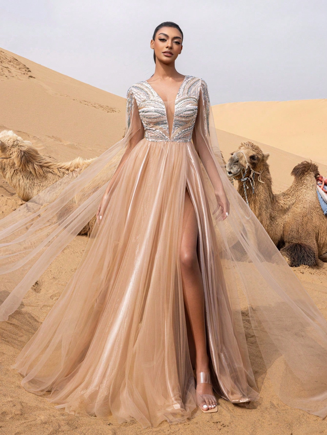 Elegant Beaded Bodice Cloak Sleeves Tulle Formal Prom Dress