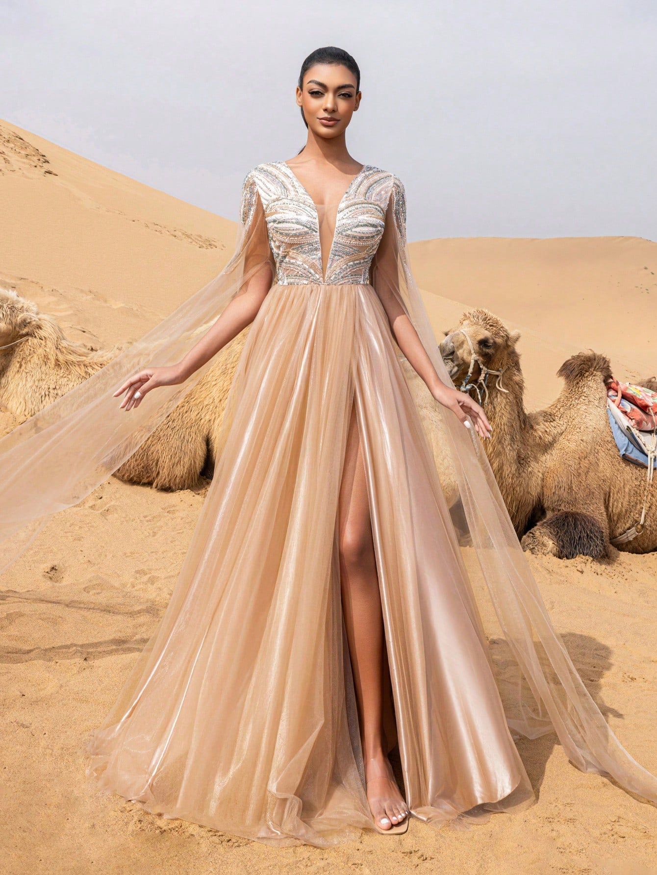 Elegant Beaded Bodice Cloak Sleeves Tulle Formal Prom Dress