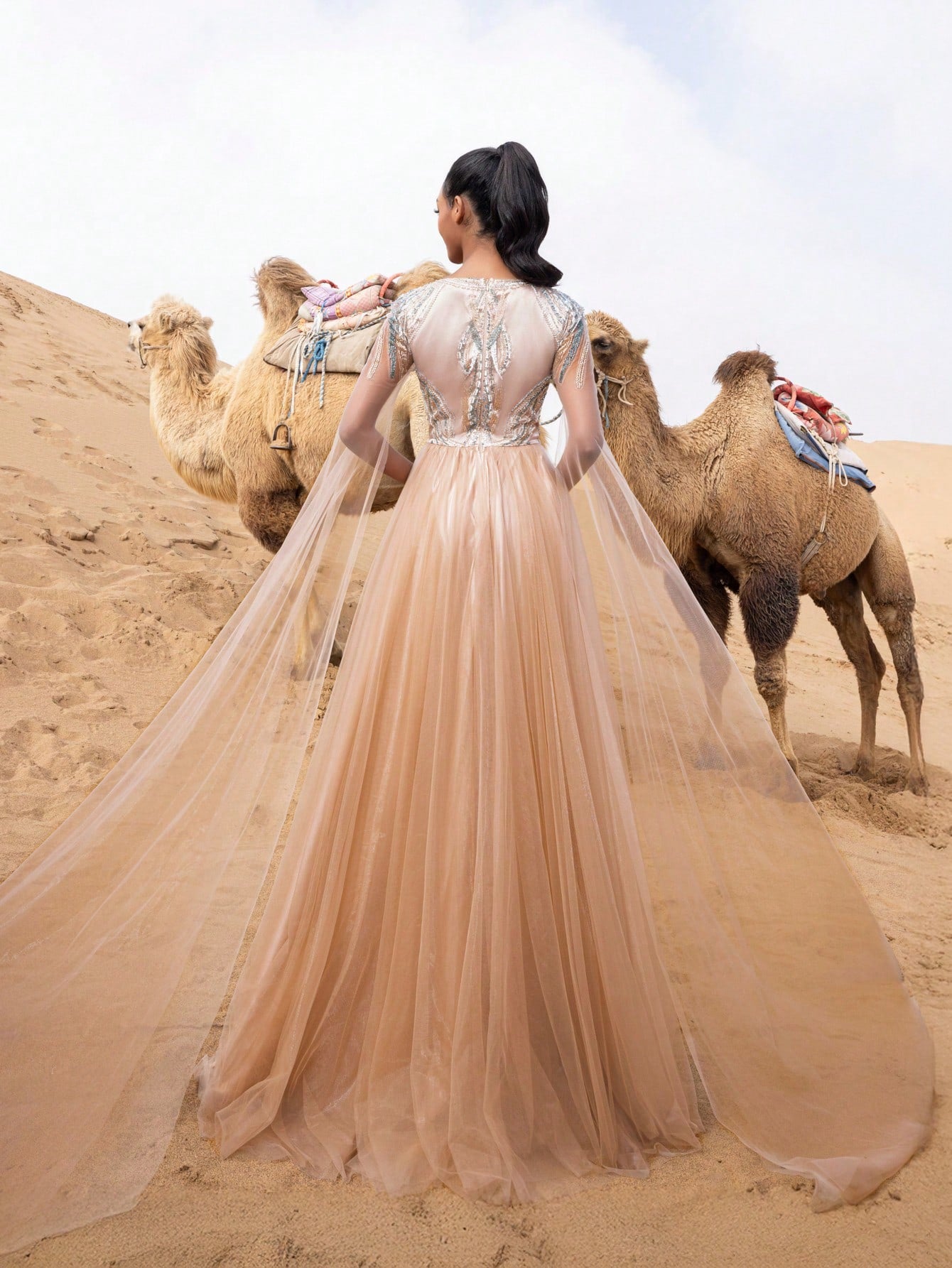 Elegant Beaded Bodice Cloak Sleeves Tulle Formal Prom Dress