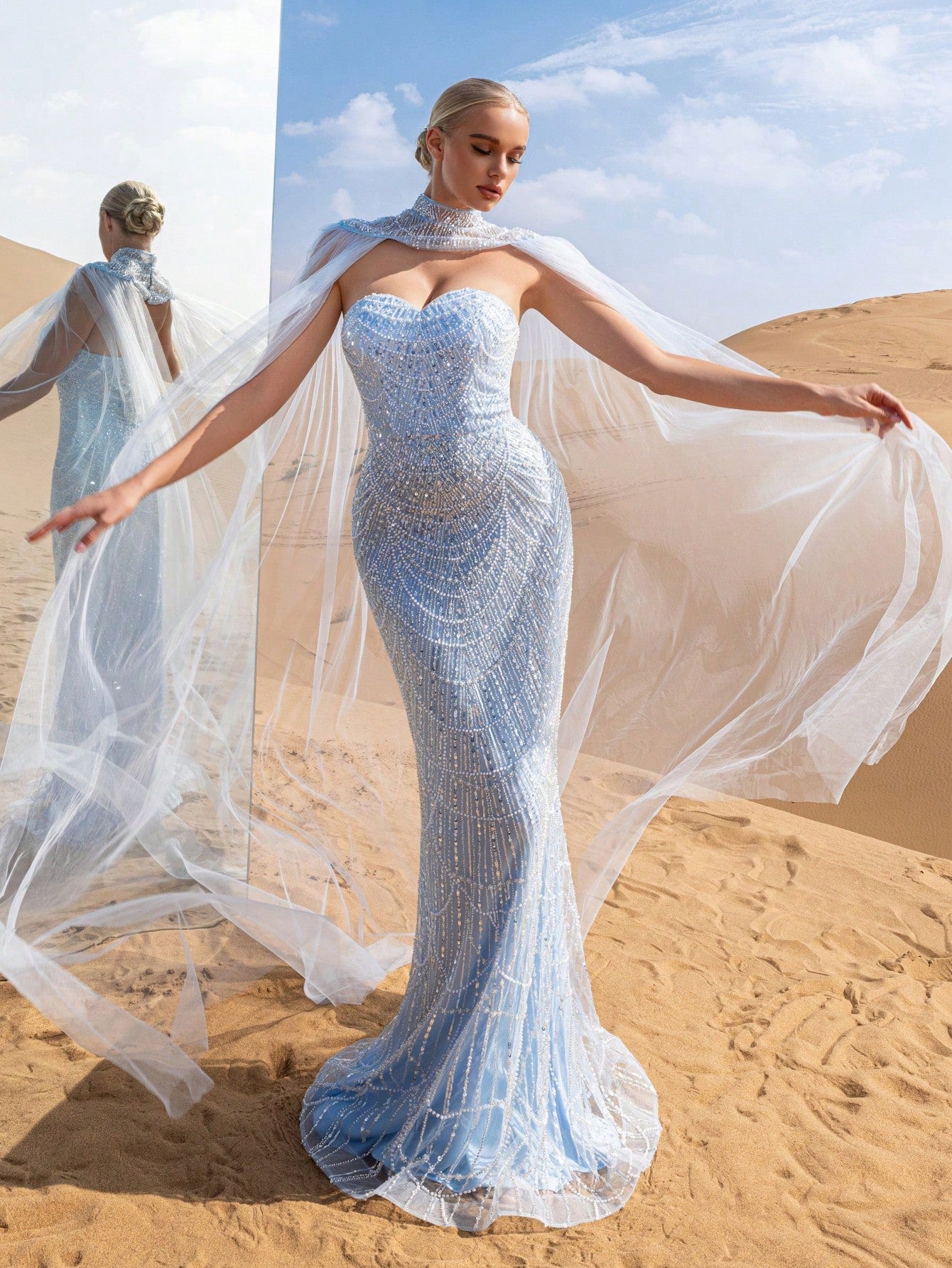 Gorgeous Strapless Mermaid Hem Beaded Formal Dresses & Evening Gowns With Mesh Cape Two-piece Set