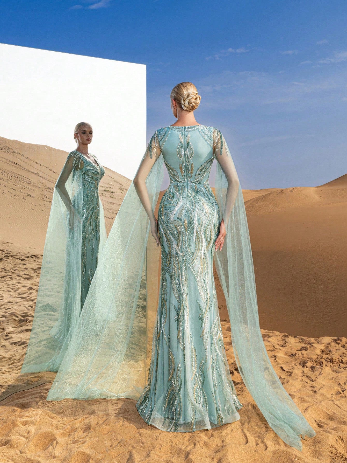 Gorgeous Plunging Neck Cloak Sleeves Beaded Sequin Formal Dresses & Evening Gowns