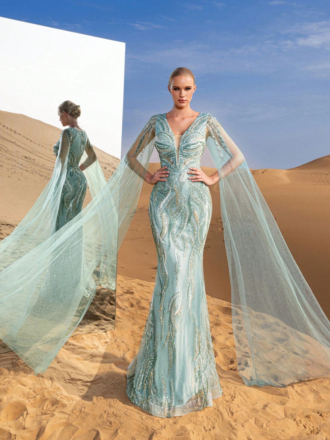 Gorgeous Plunging Neck Cloak Sleeves Beaded Sequin Formal Dresses & Evening Gowns