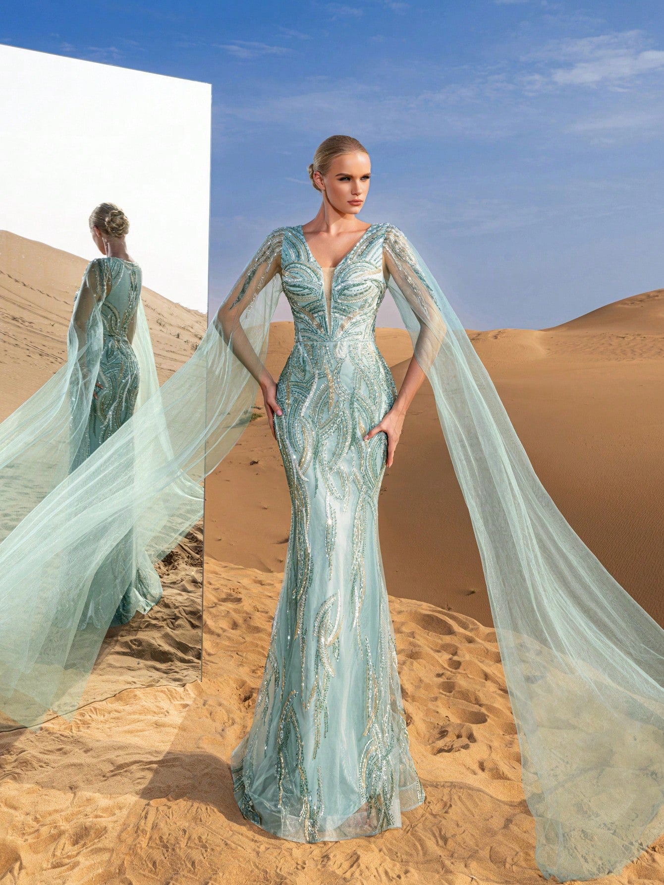 Gorgeous Plunging Neck Cloak Sleeves Beaded Sequin Formal Dresses & Evening Gowns