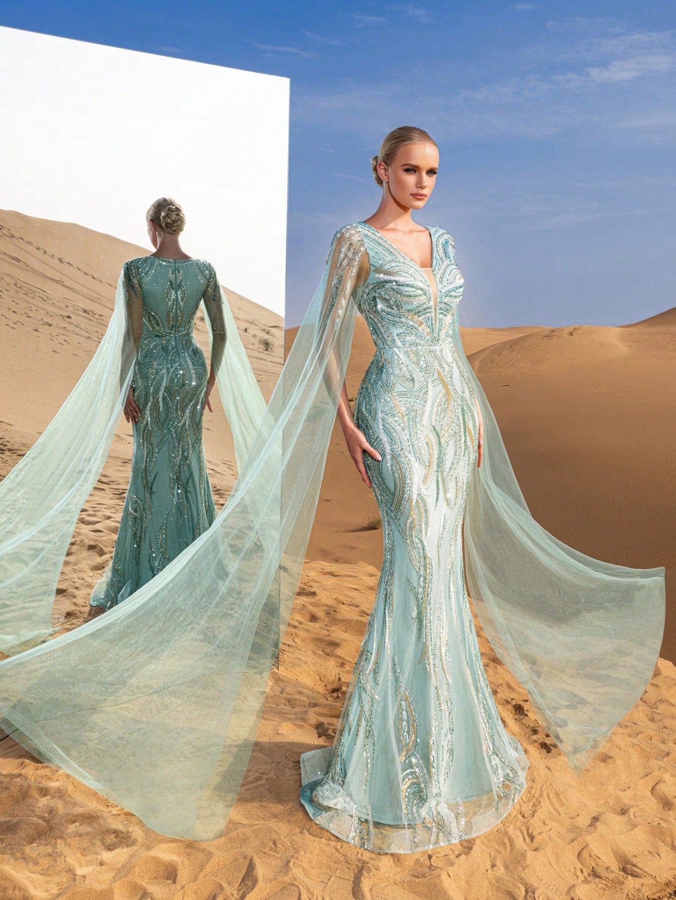 Gorgeous Plunging Neck Cloak Sleeves Beaded Sequin Formal Dresses & Evening Gowns