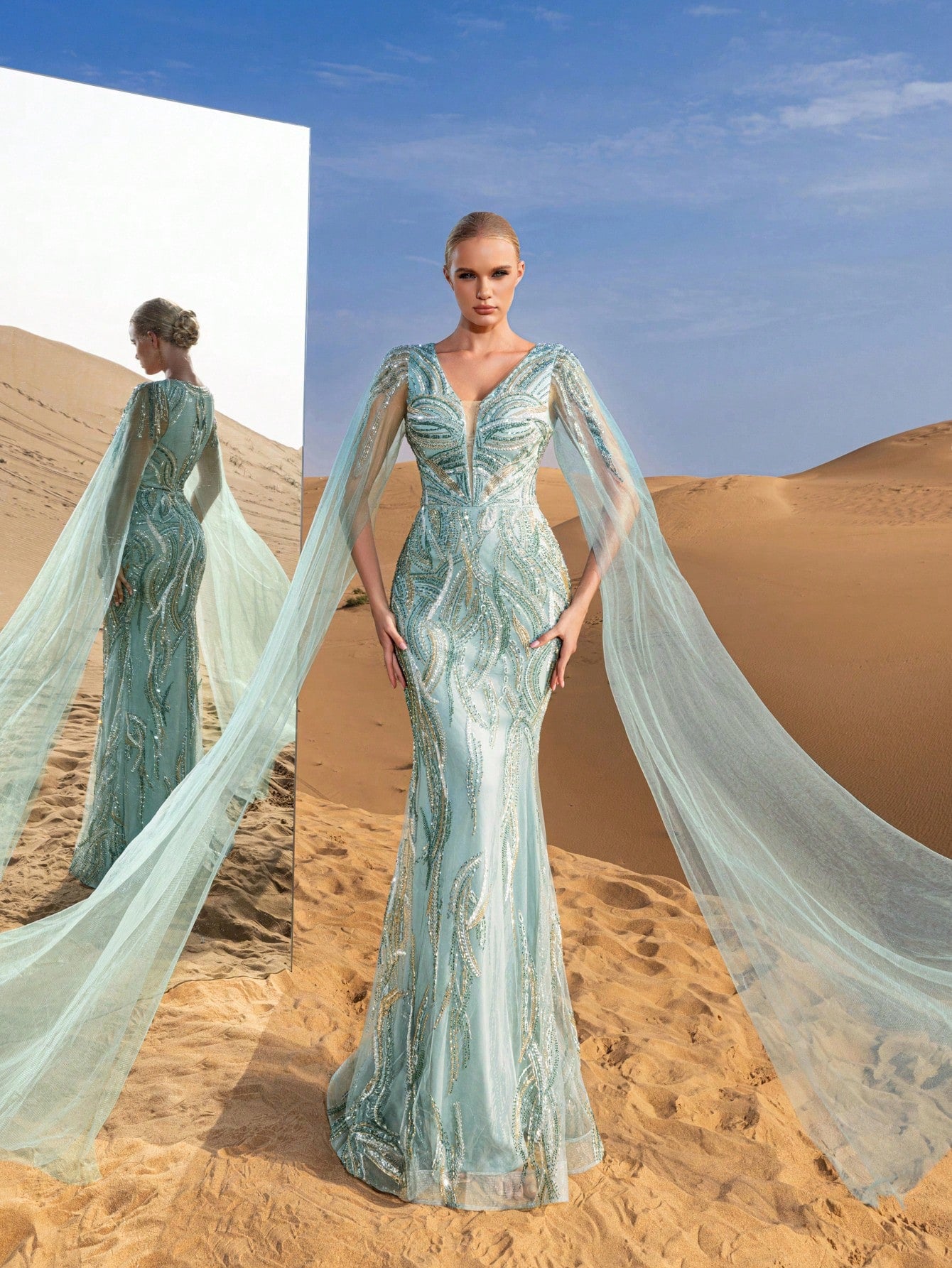 Gorgeous Plunging Neck Cloak Sleeves Beaded Sequin Formal Dresses & Evening Gowns