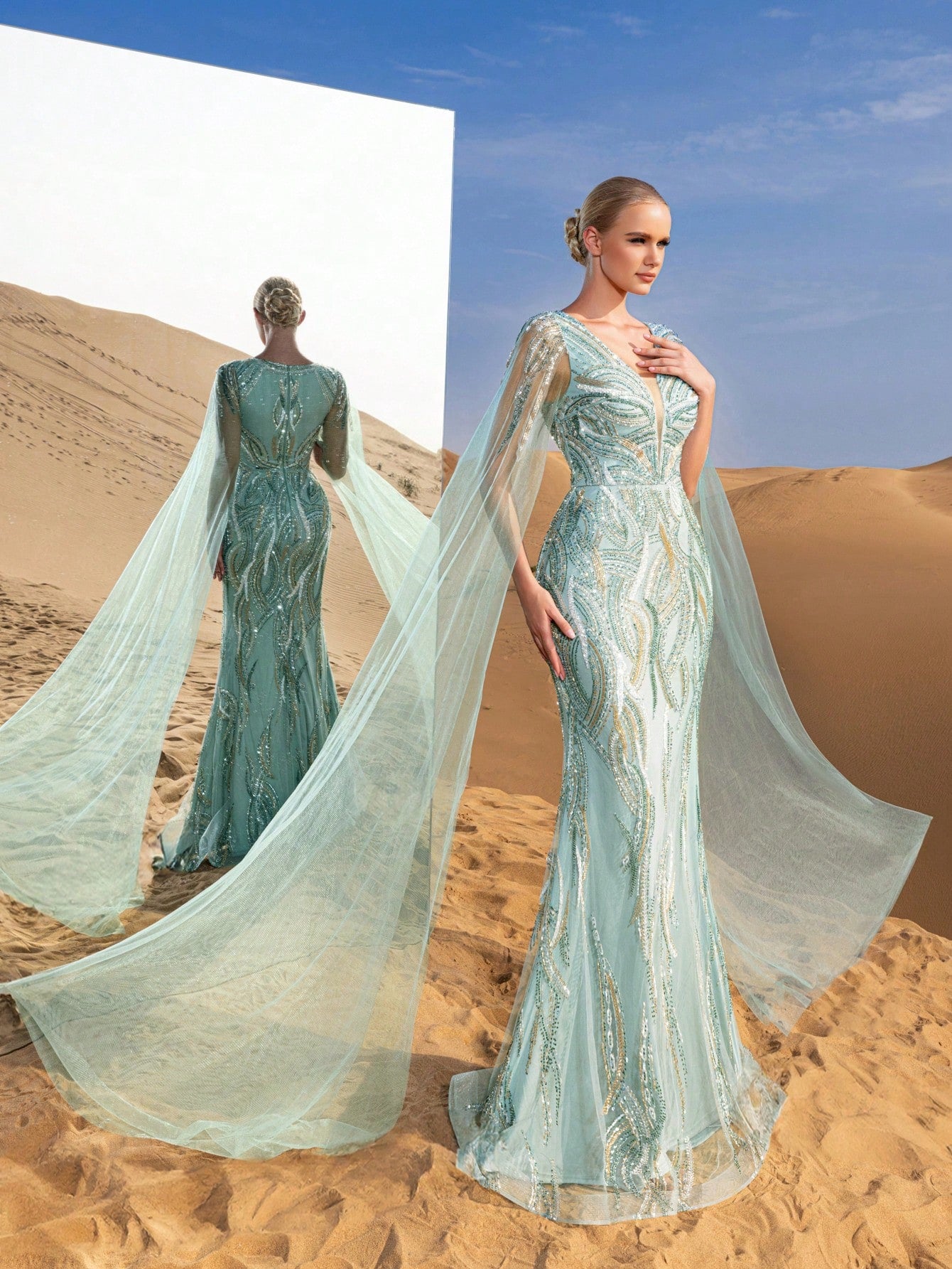 Gorgeous Plunging Neck Cloak Sleeves Beaded Sequin Formal Dresses & Evening Gowns