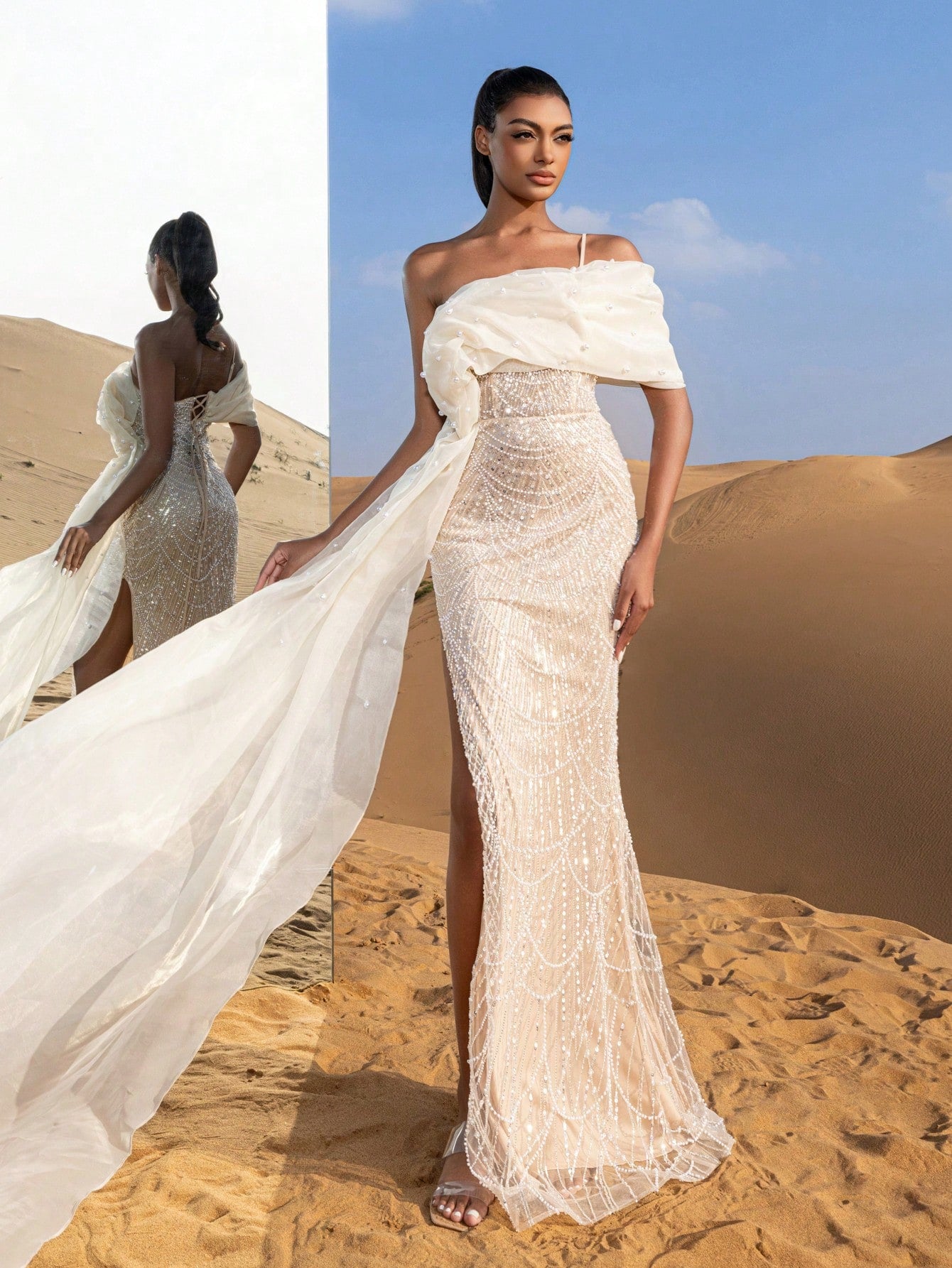 Elegant Asymmetrical Neck Mermaid Hem Beaded Formal Dresses & Evening Gowns