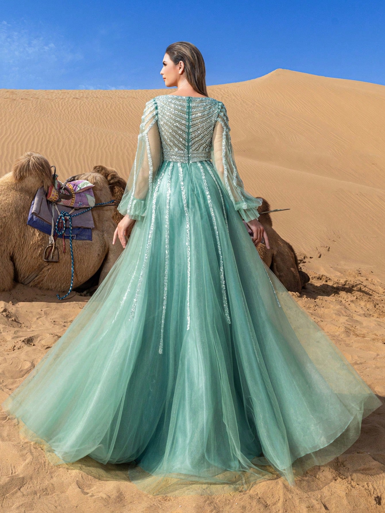 Luxury Plunging Neck Lantern Sleeves Beaded Tulle Formal Prom Dresses & Evening Gowns