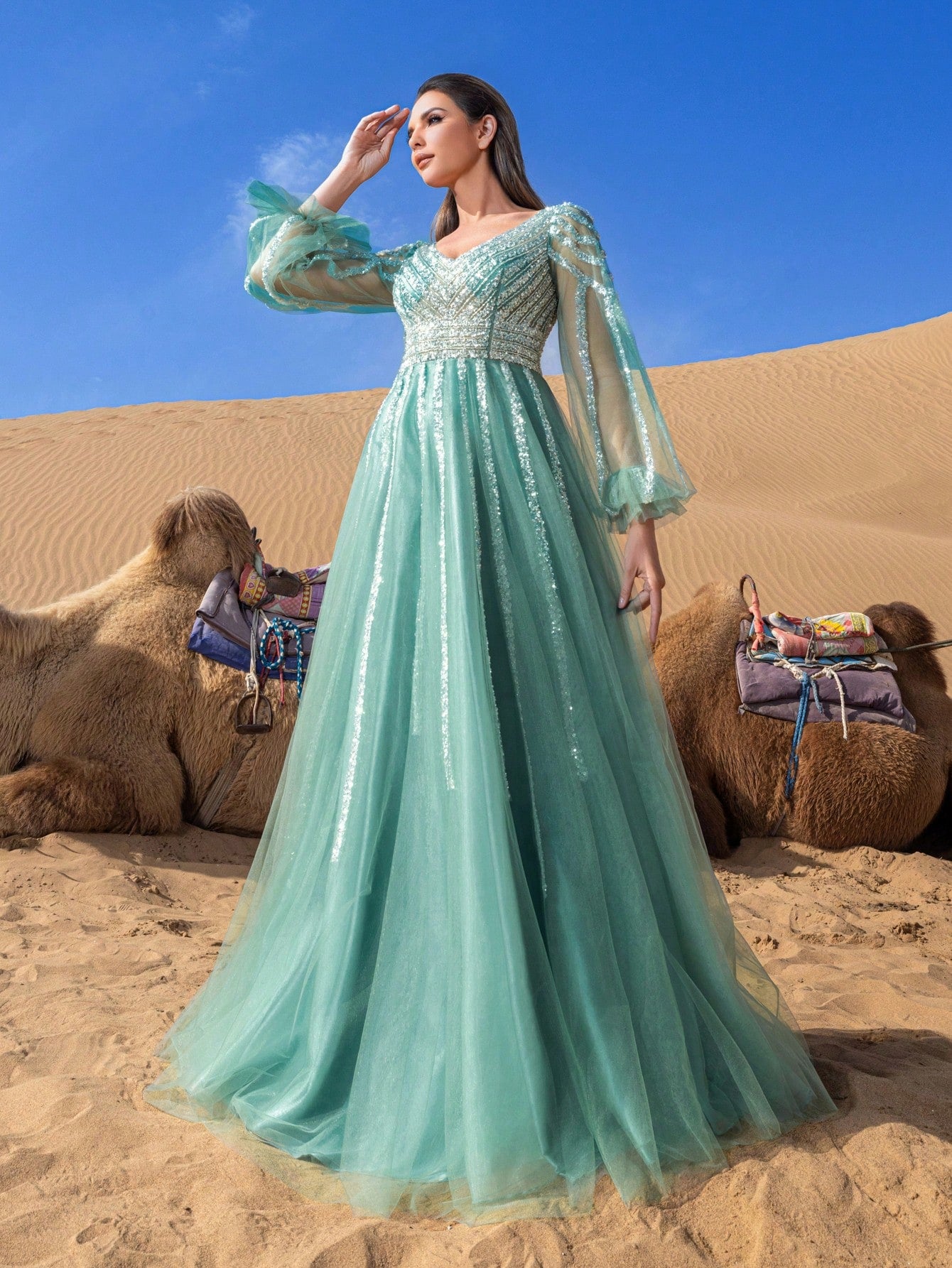 Luxury Plunging Neck Lantern Sleeves Beaded Tulle Formal Prom Dresses & Evening Gowns