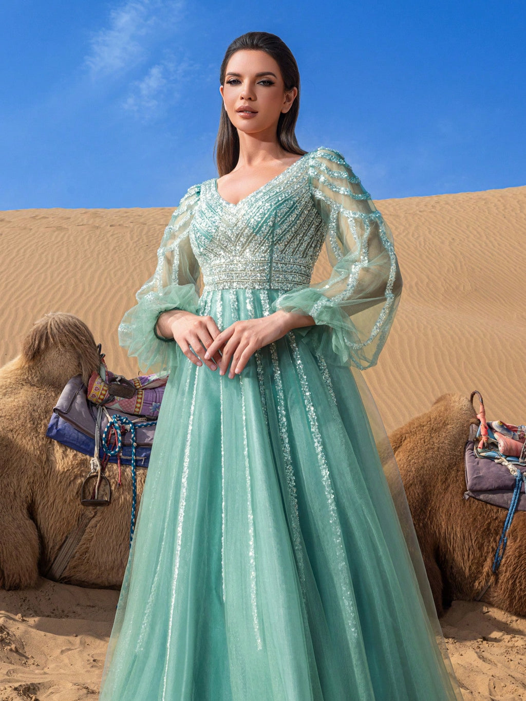 Luxury Plunging Neck Lantern Sleeves Beaded Tulle Formal Prom Dresses & Evening Gowns