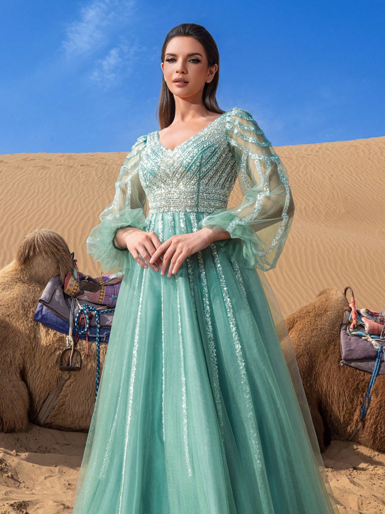 Luxury Plunging Neck Lantern Sleeves Beaded Tulle Formal Prom Dresses & Evening Gowns