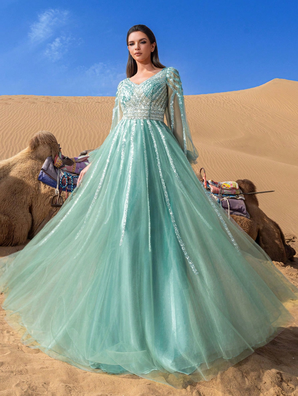 Luxury Plunging Neck Lantern Sleeves Beaded Tulle Formal Prom Dresses & Evening Gowns