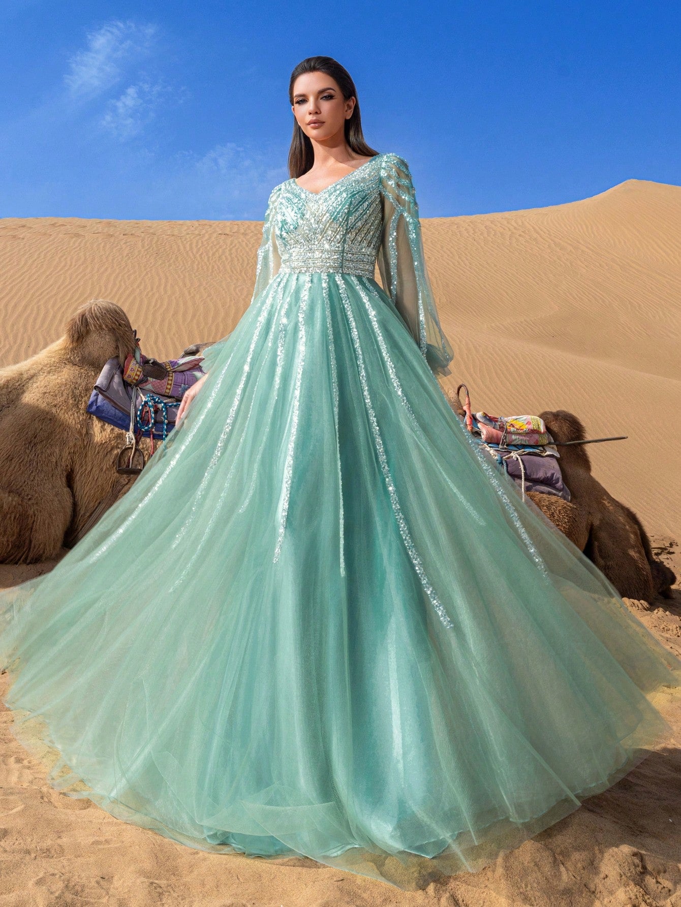 Luxury Plunging Neck Lantern Sleeves Beaded Tulle Formal Prom Dresses & Evening Gowns