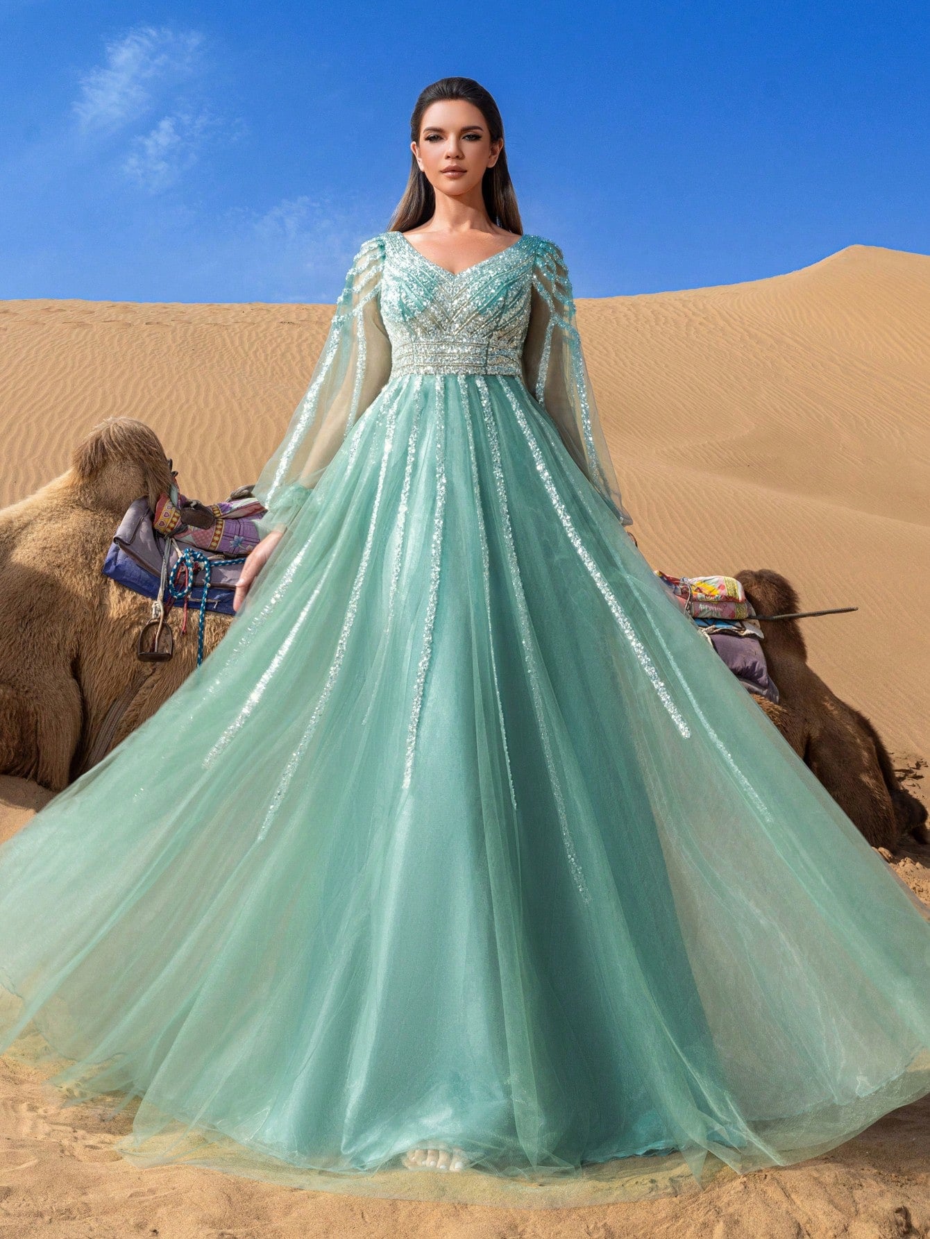 Luxury Plunging Neck Lantern Sleeves Beaded Tulle Formal Prom Dresses & Evening Gowns