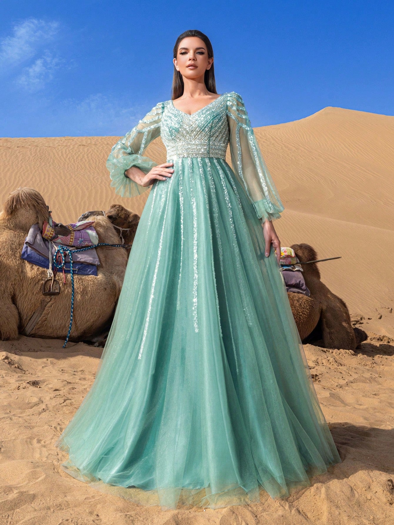 Luxury Plunging Neck Lantern Sleeves Beaded Tulle Formal Prom Dresses & Evening Gowns