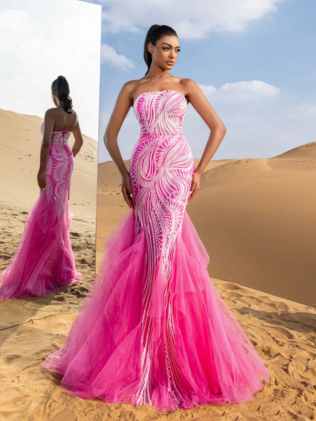 Beaded Tulle Evening Gown | Strapless Lace-Up Back Mermaid Hem Formal Dress for Prom, Wedding, Bridesmaid