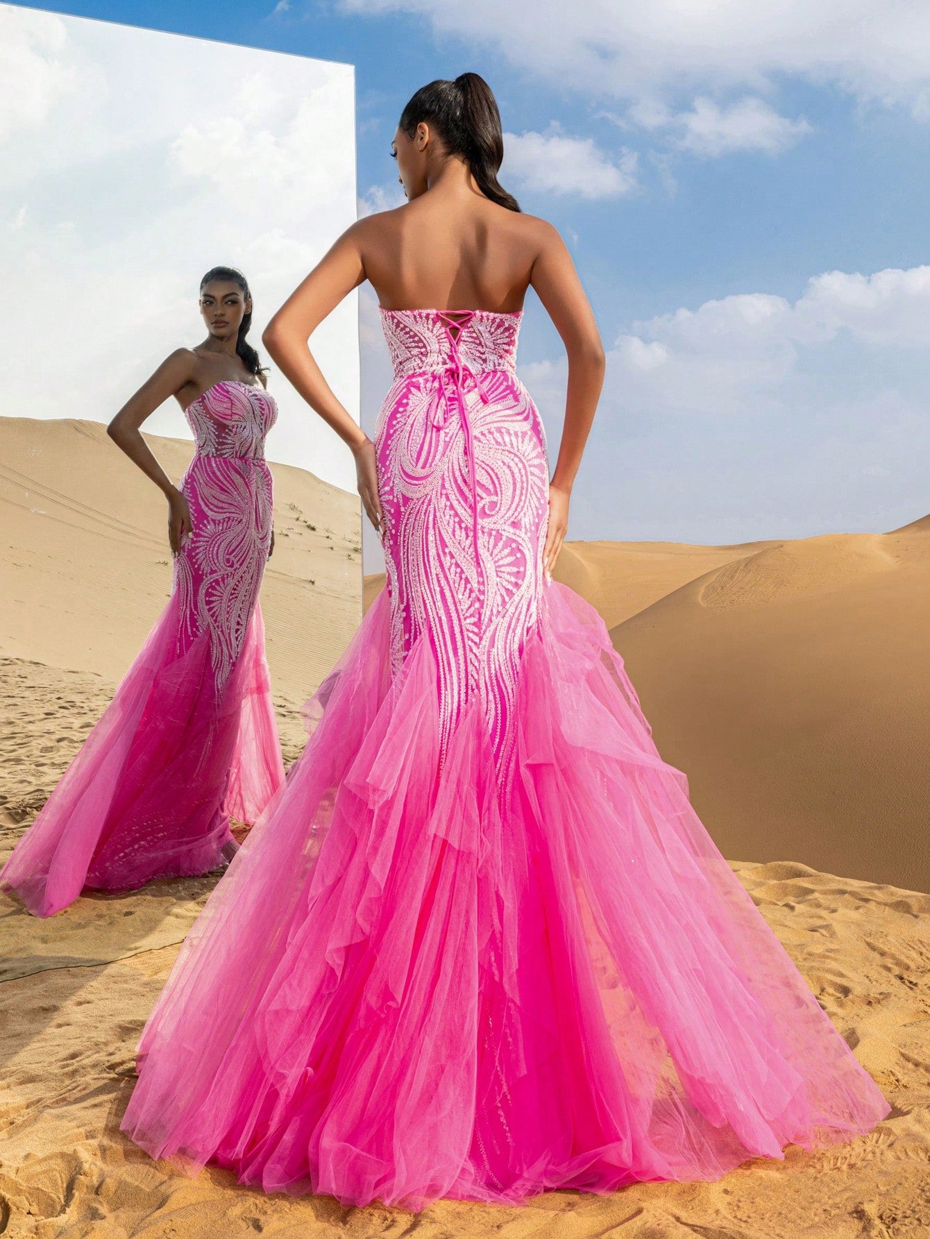 Beaded Tulle Evening Gown | Strapless Lace-Up Back Mermaid Hem Formal Dress for Prom, Wedding, Bridesmaid