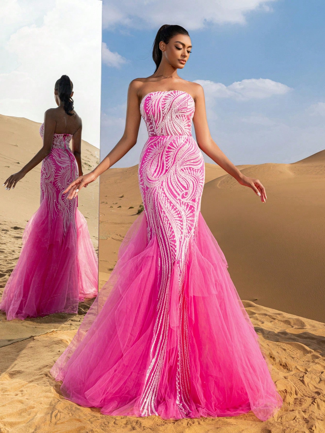 Beaded Tulle Evening Gown | Strapless Lace-Up Back Mermaid Hem Formal Dress for Prom, Wedding, Bridesmaid