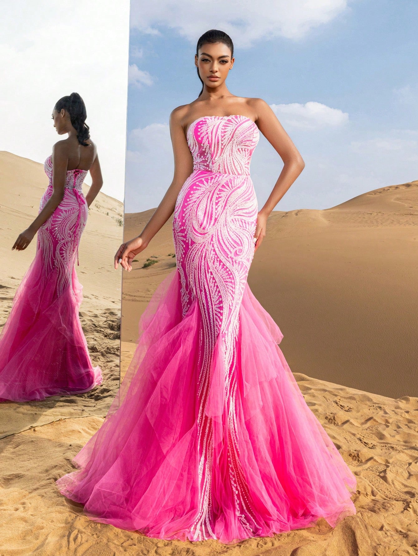 Beaded Tulle Evening Gown | Strapless Lace-Up Back Mermaid Hem Formal Dress for Prom, Wedding, Bridesmaid