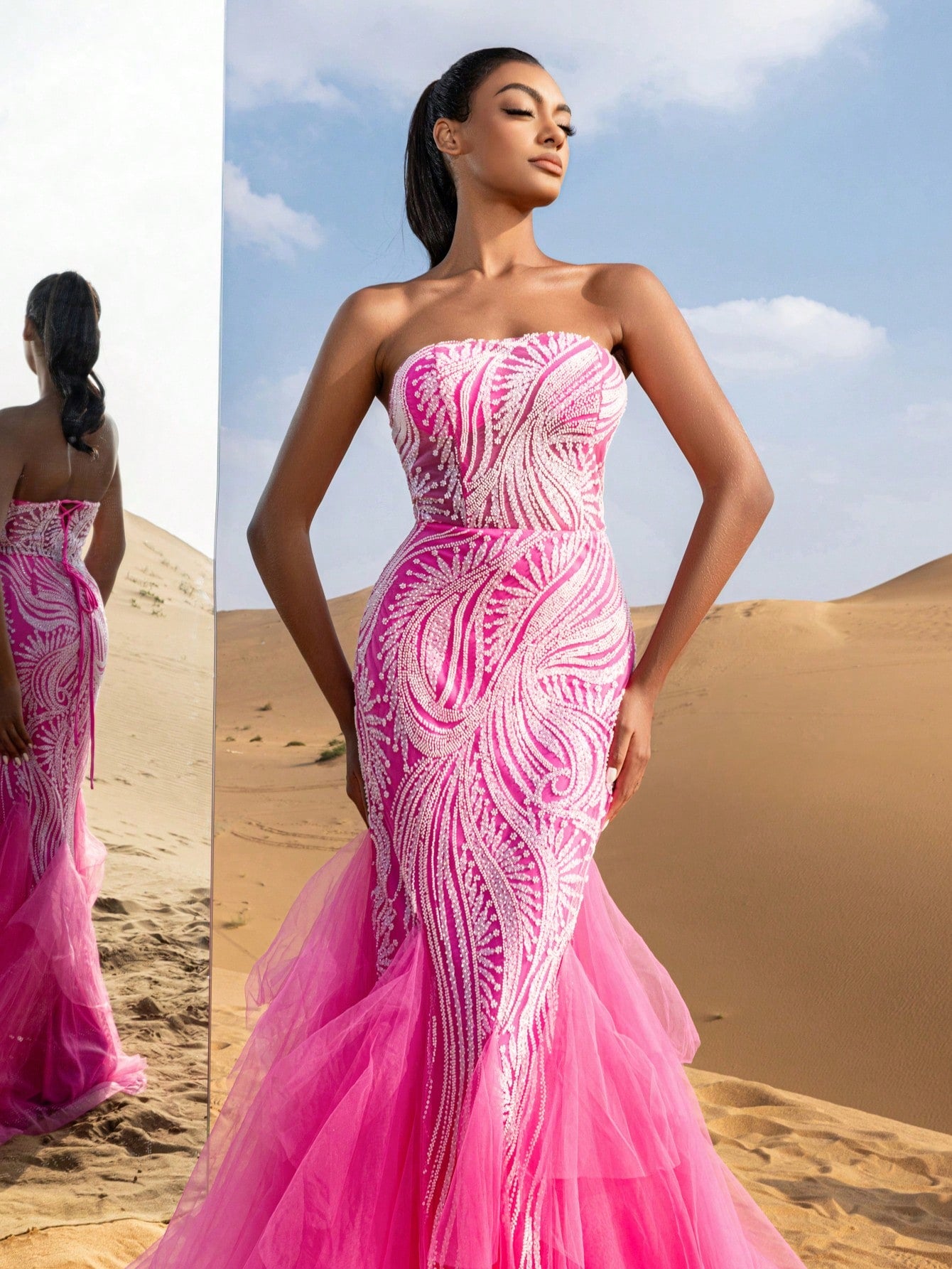 Beaded Tulle Evening Gown | Strapless Lace-Up Back Mermaid Hem Formal Dress for Prom, Wedding, Bridesmaid