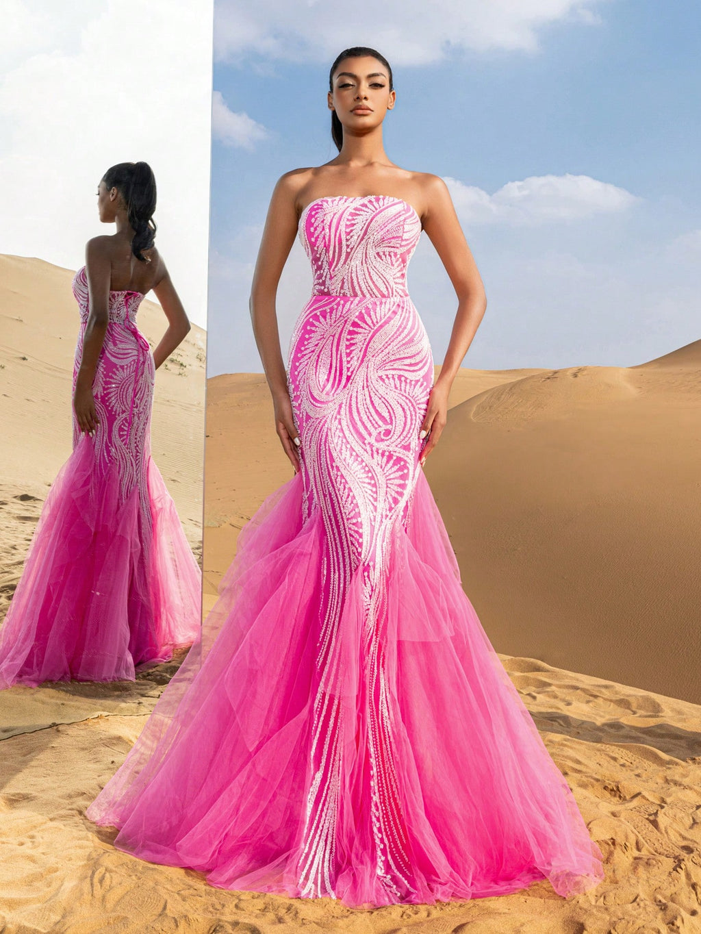 Beaded Tulle Evening Gown | Strapless Lace-Up Back Mermaid Hem Formal Dress for Prom, Wedding, Bridesmaid