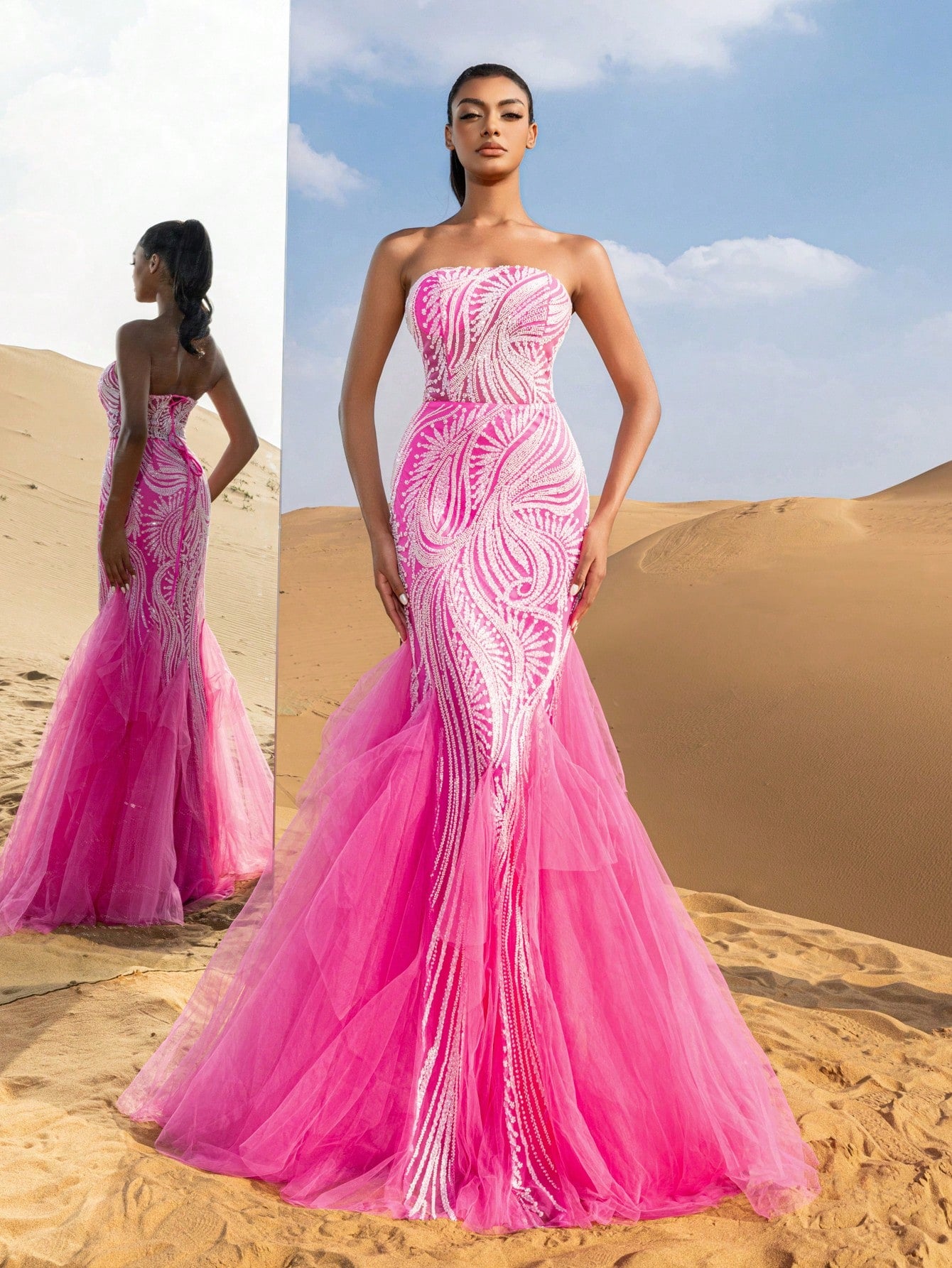 Beaded Tulle Evening Gown | Strapless Lace-Up Back Mermaid Hem Formal Dress for Prom, Wedding, Bridesmaid
