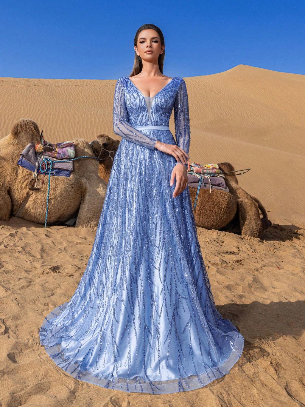 Gorgeous Plunging Neck Sheer Sleeves Backless Beaded Formal Dresses & Evening Gowns