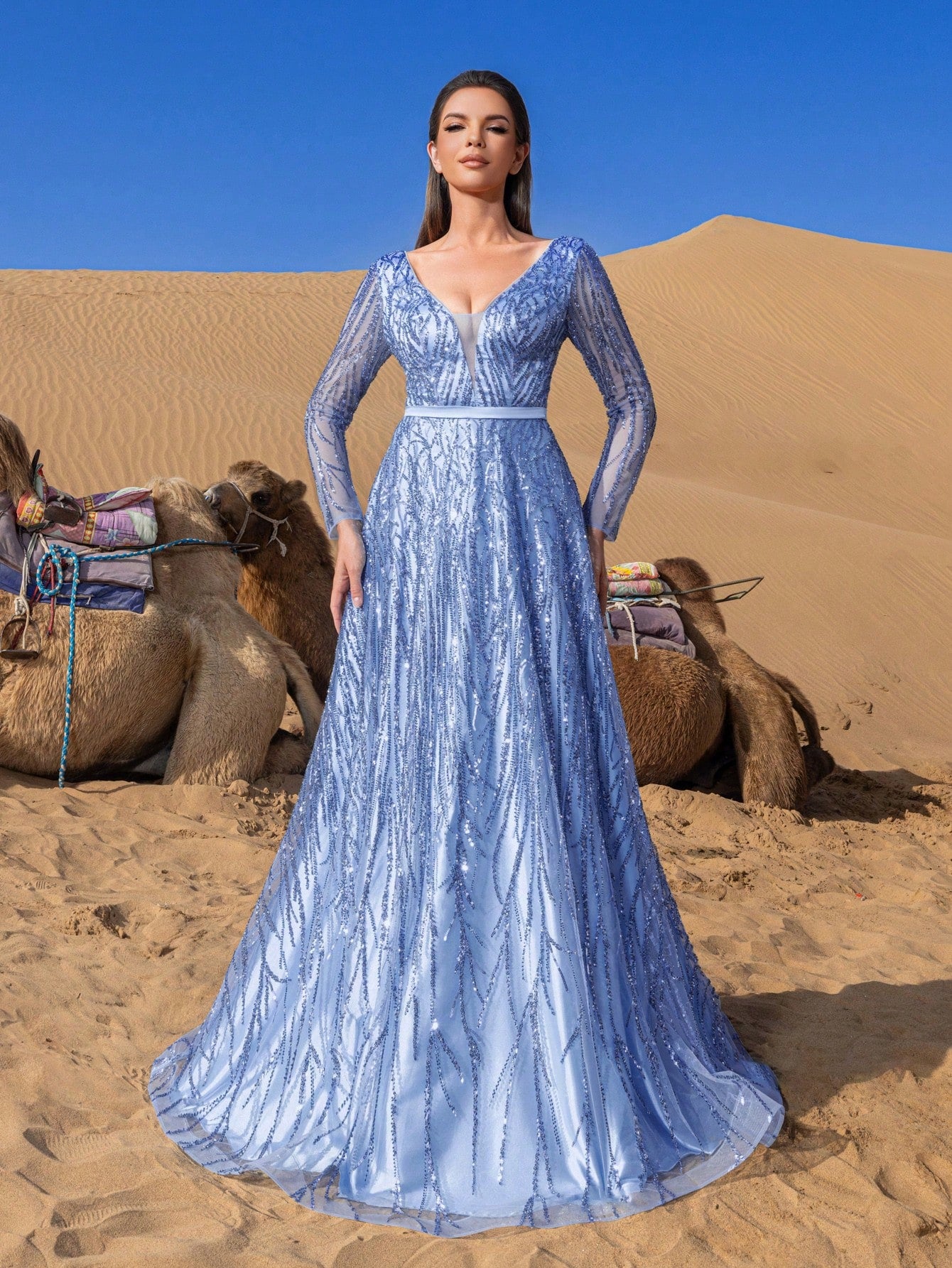 Gorgeous Plunging Neck Sheer Sleeves Backless Beaded Formal Dresses & Evening Gowns
