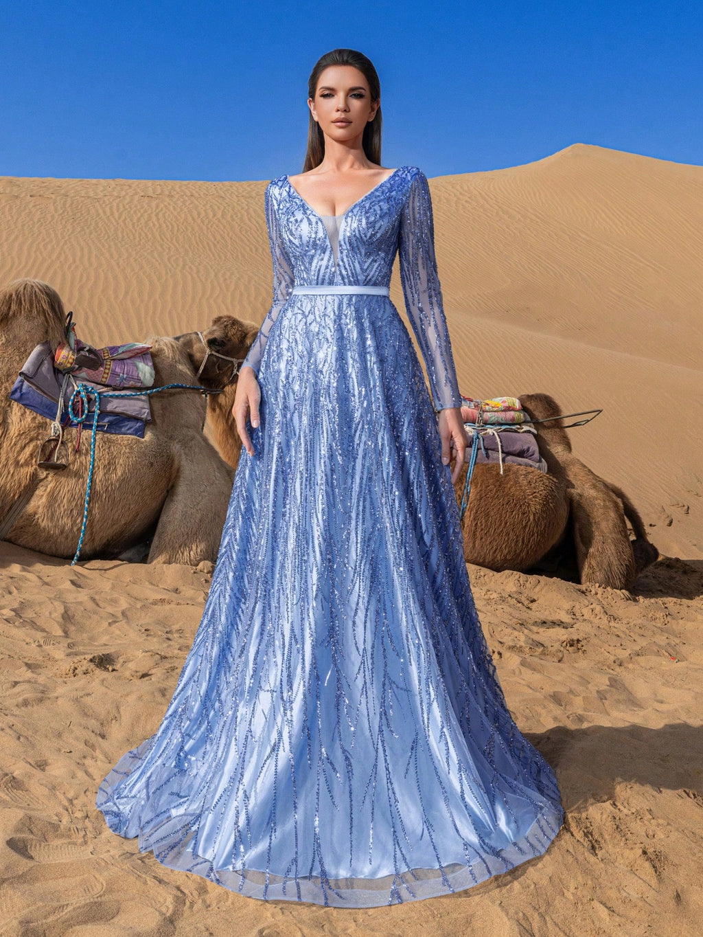 Gorgeous Plunging Neck Sheer Sleeves Backless Beaded Formal Dresses & Evening Gowns