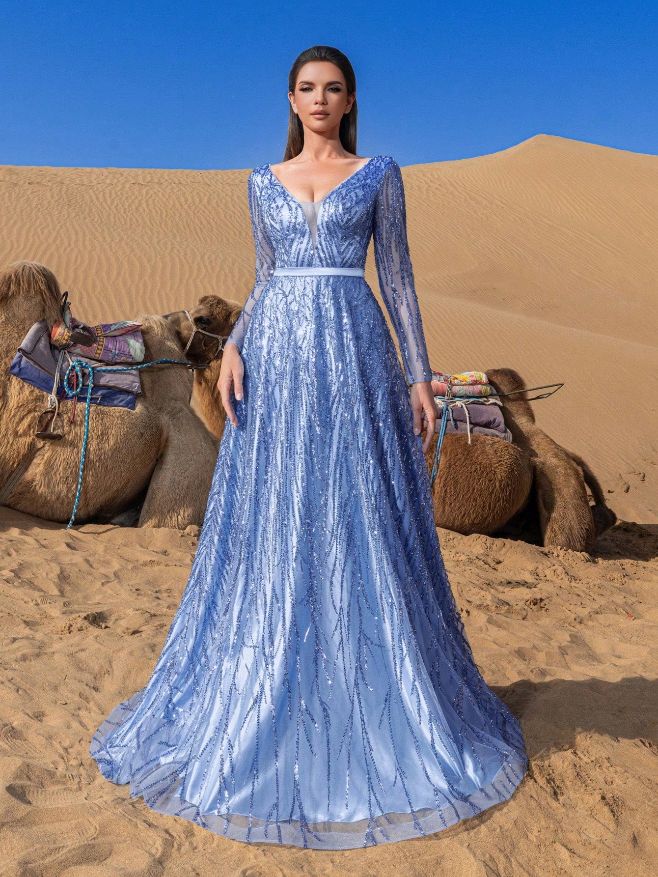 Gorgeous Plunging Neck Sheer Sleeves Backless Beaded Formal Dresses & Evening Gowns