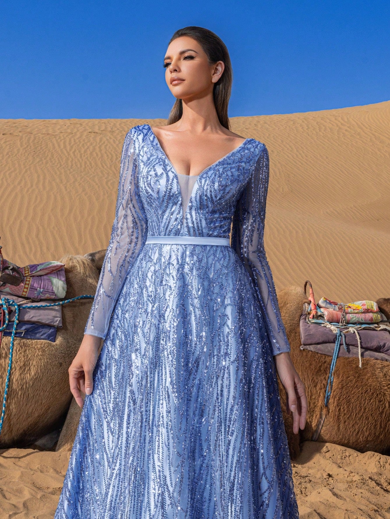 Gorgeous Plunging Neck Sheer Sleeves Backless Beaded Formal Dresses & Evening Gowns