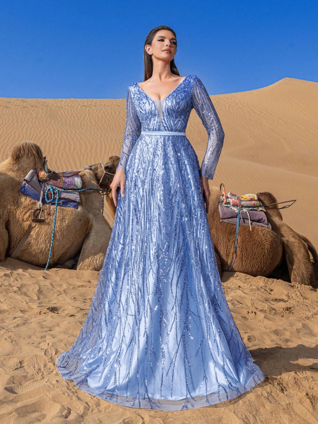 Gorgeous Plunging Neck Sheer Sleeves Backless Beaded Formal Dresses & Evening Gowns