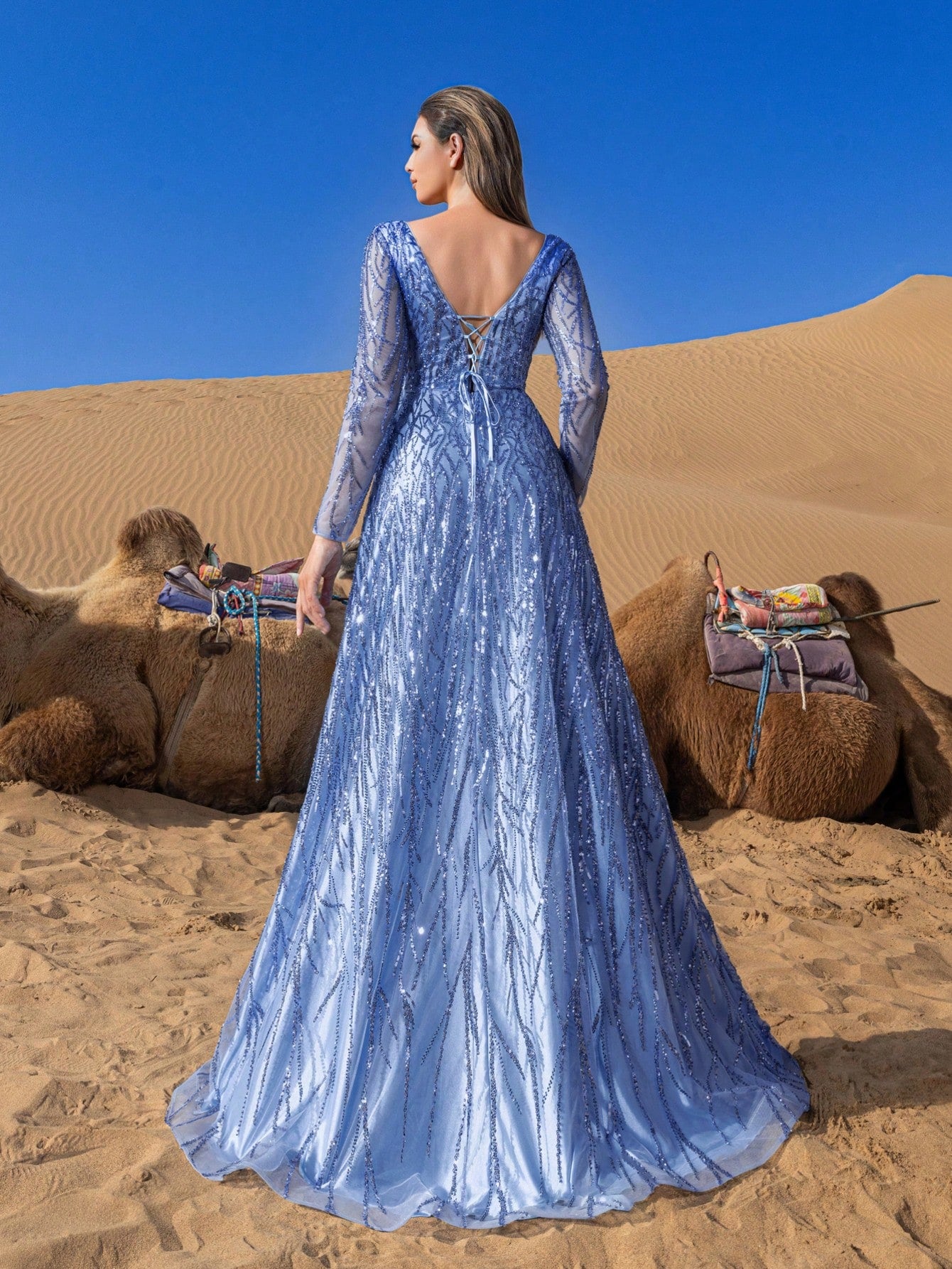 Gorgeous Plunging Neck Sheer Sleeves Backless Beaded Formal Dresses & Evening Gowns