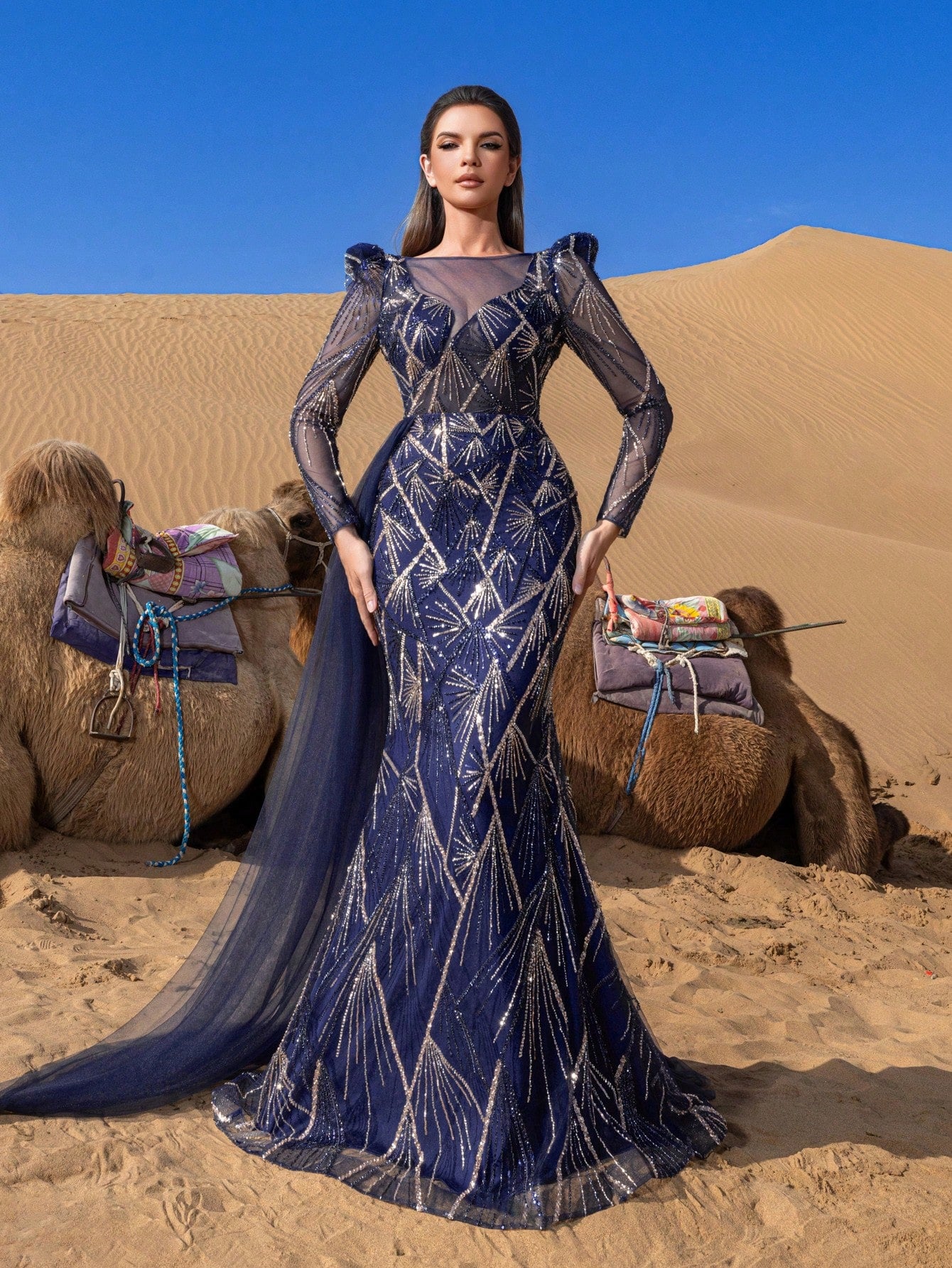 Luxury Sheer Sleeves Mermaid Hem Draped Side Beaded Formal Dresses & Evening Gowns