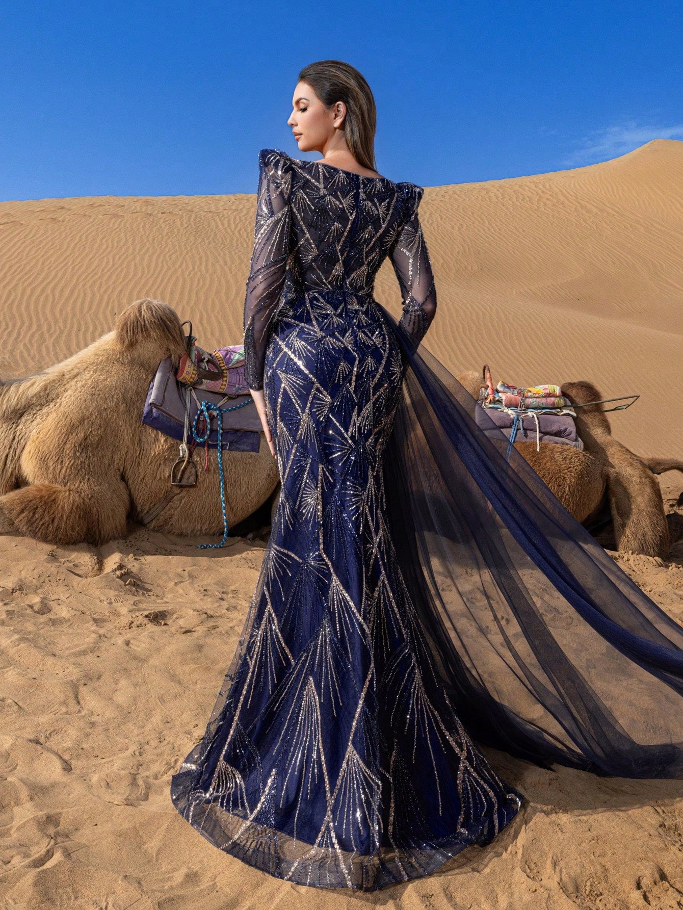 Luxury Sheer Sleeves Mermaid Hem Draped Side Beaded Formal Dresses & Evening Gowns