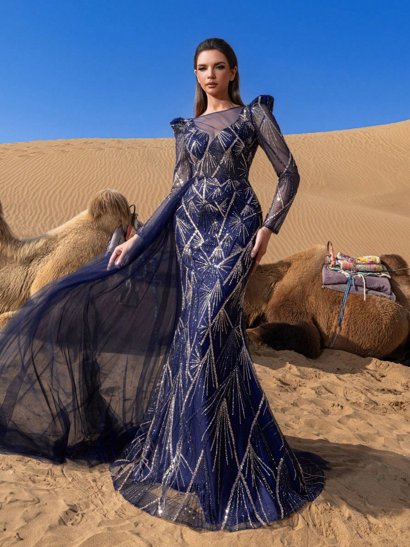 Luxury Sheer Sleeves Mermaid Hem Draped Side Beaded Formal Dresses & Evening Gowns