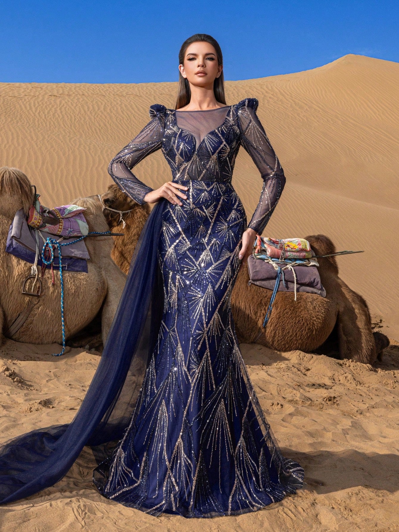 Luxury Sheer Sleeves Mermaid Hem Draped Side Beaded Formal Dresses & Evening Gowns
