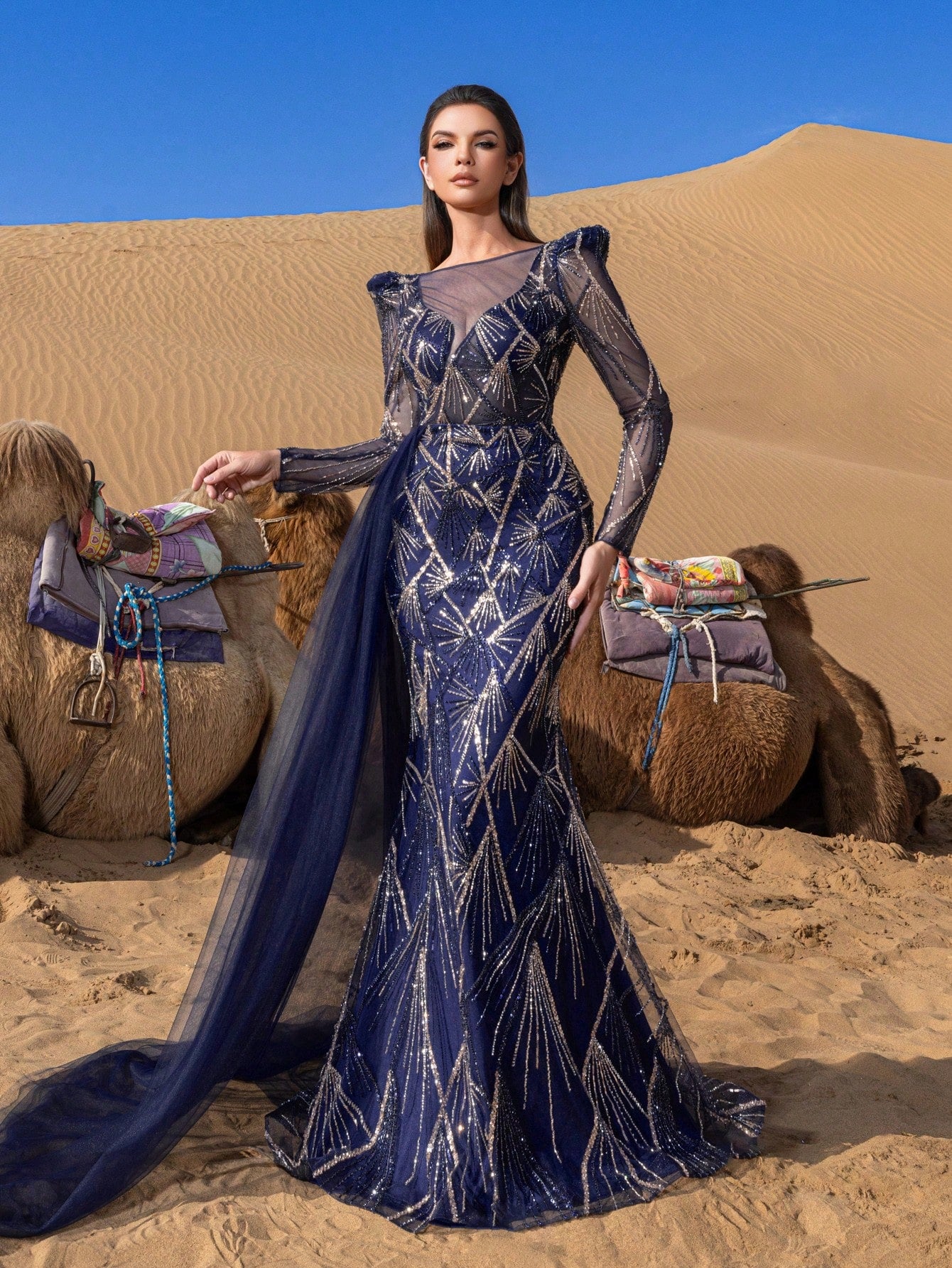 Luxury Sheer Sleeves Mermaid Hem Draped Side Beaded Formal Dresses & Evening Gowns