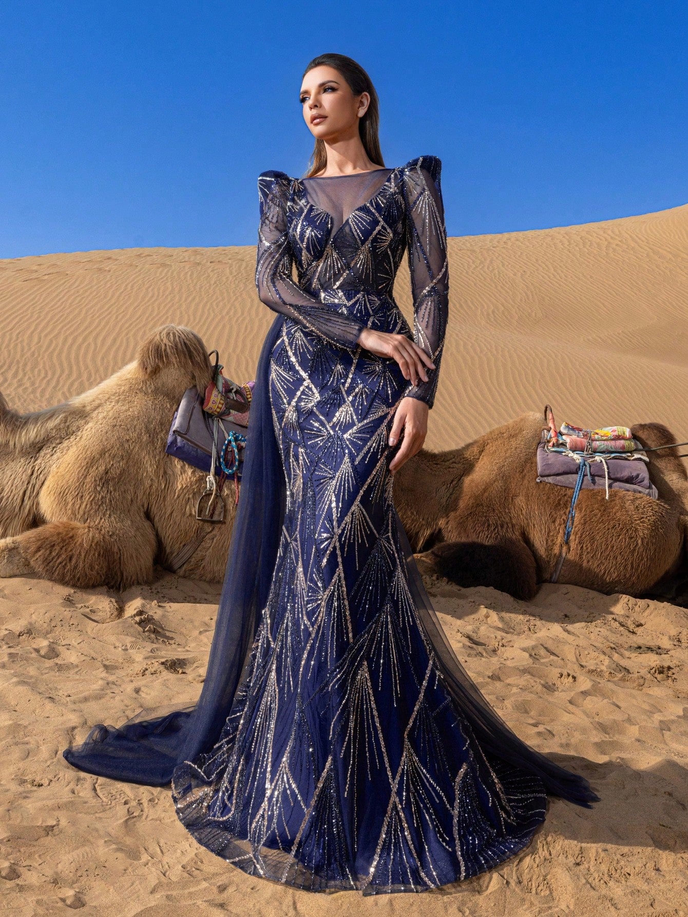 Luxury Sheer Sleeves Mermaid Hem Draped Side Beaded Formal Dresses & Evening Gowns