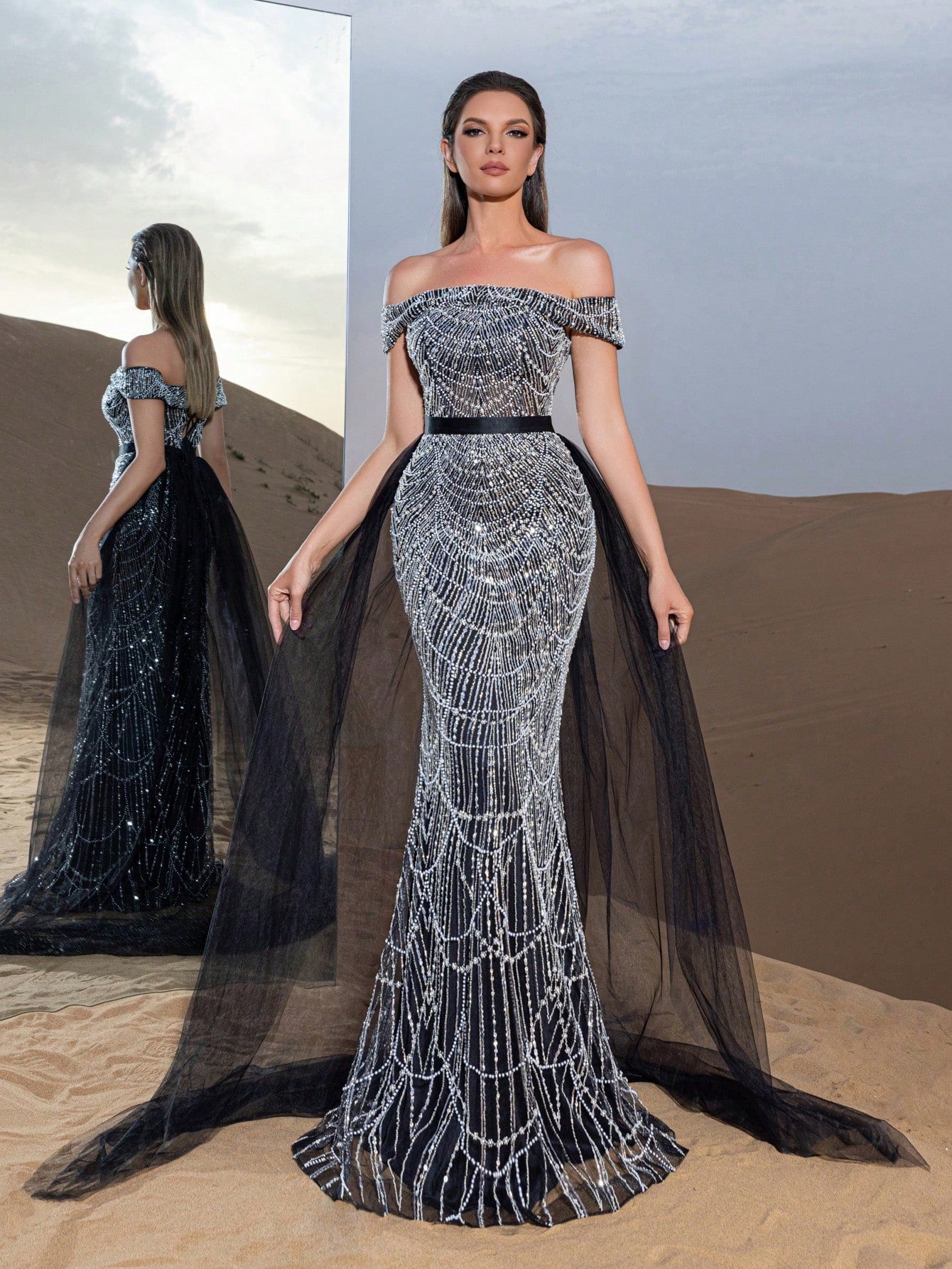 Luxury Off Shoulder Tulle Overlay Mermaid Hem Beaded Sequin Evening Dress