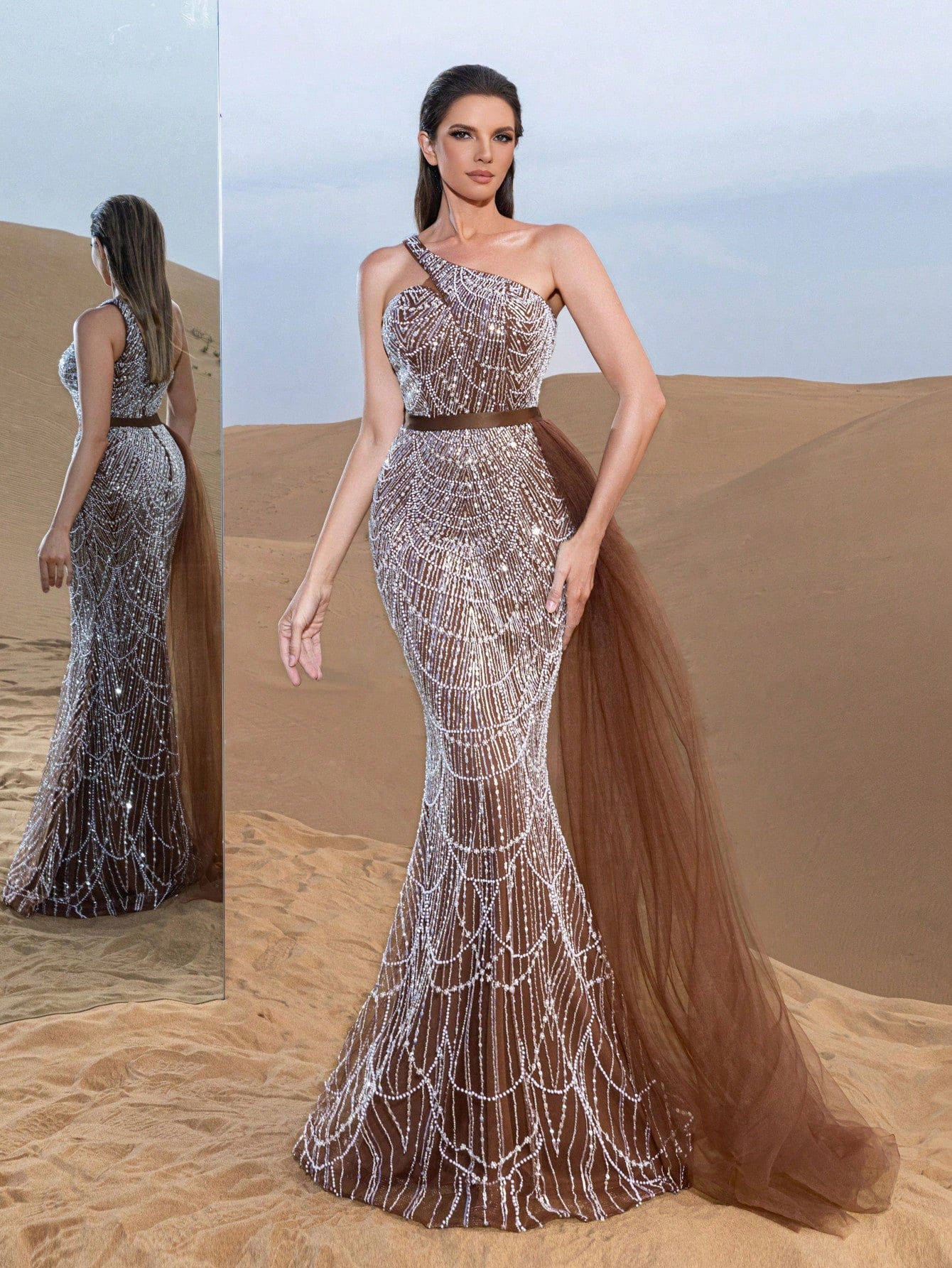 Luxury One Shoulder Sheer Overlay Beaded Formal Evening Dress & Embellished Dress & Beaded Gowns & Evening Gowns