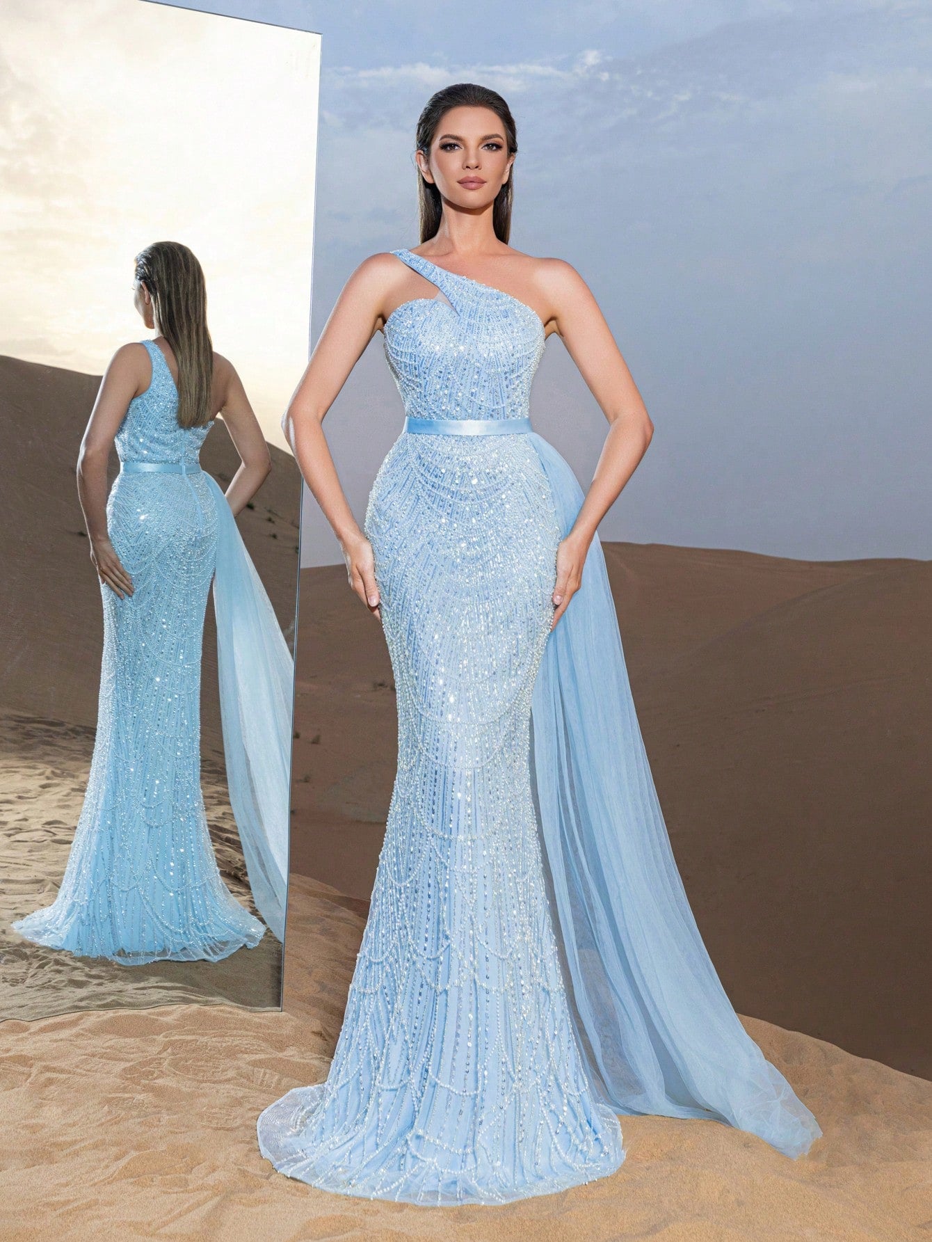 Luxury One Shoulder Sheer Overlay Beaded Formal Evening Dress & Embellished Dress & Beaded Gowns & Evening Gowns