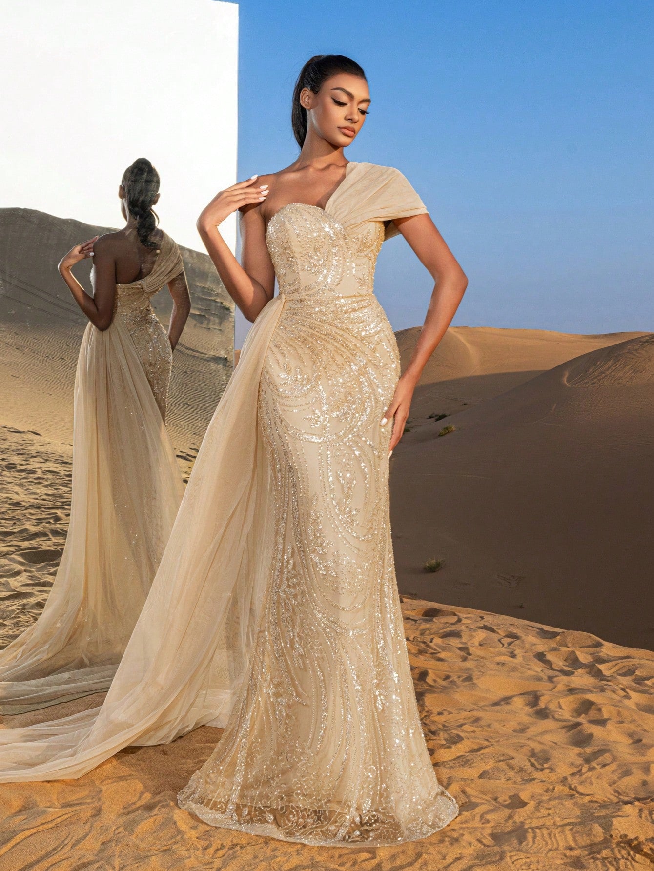 Gorgeous One Shoulder Mermaid Hem Graphic Beaded Formal Dresses & Evening Gowns