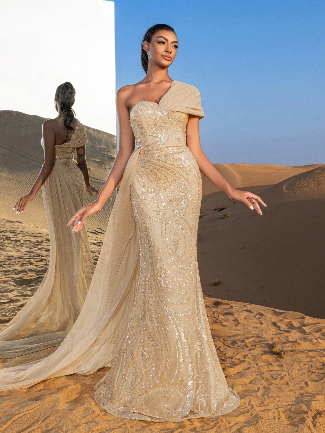 Gorgeous One Shoulder Mermaid Hem Graphic Beaded Formal Dresses & Evening Gowns
