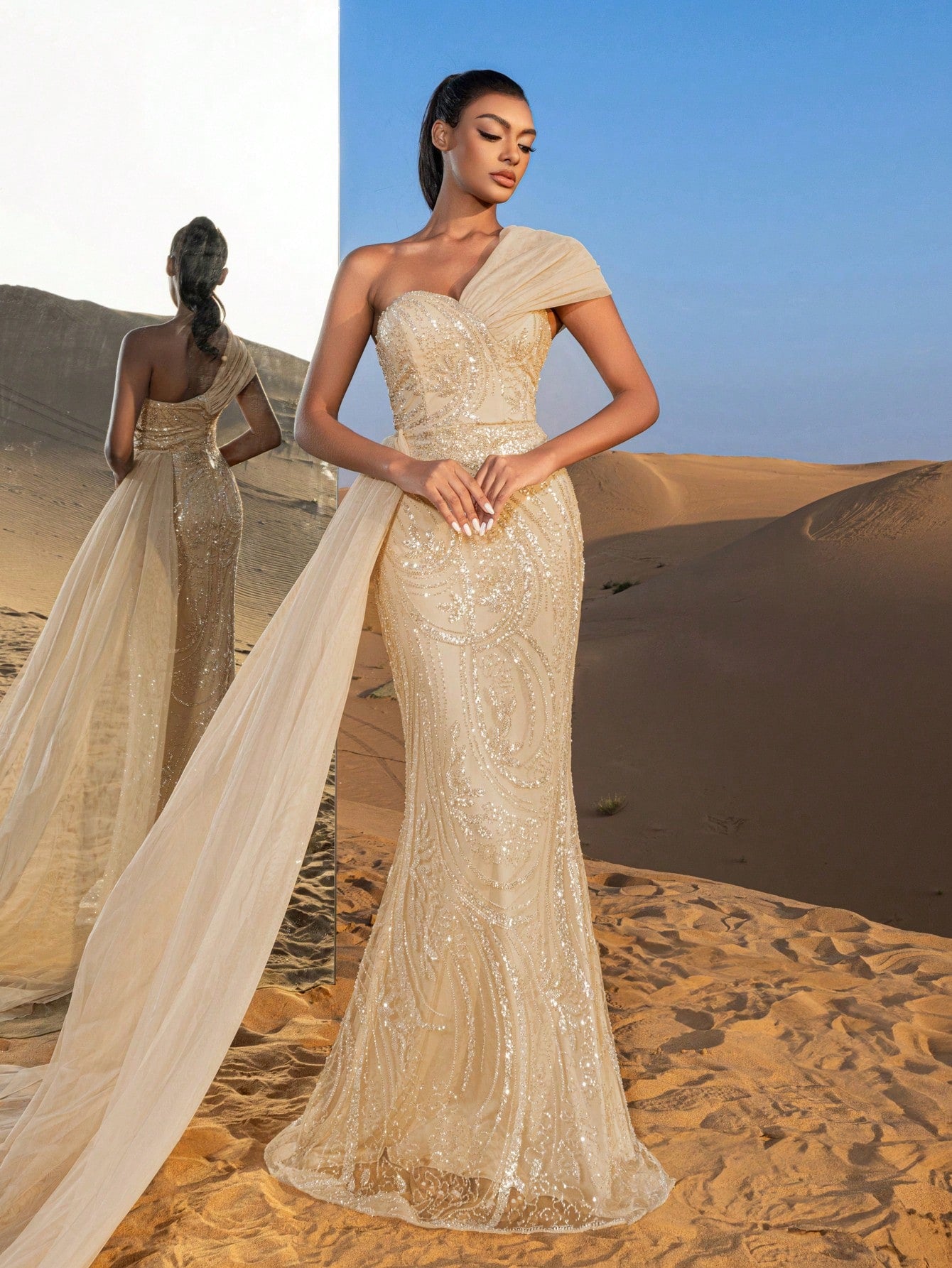 Gorgeous One Shoulder Mermaid Hem Graphic Beaded Formal Dresses & Evening Gowns